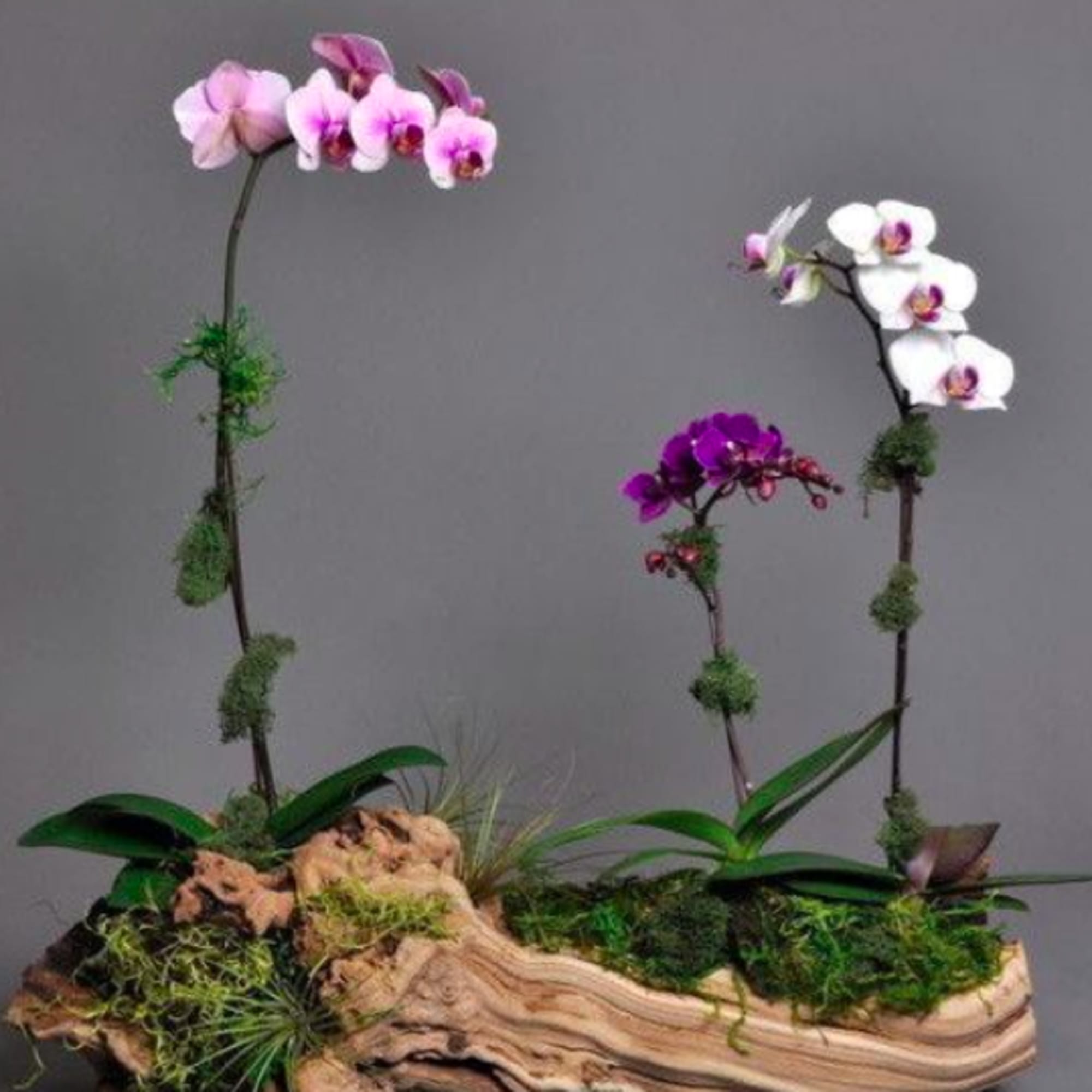 Three orchid stems arranged in a driftwood planter