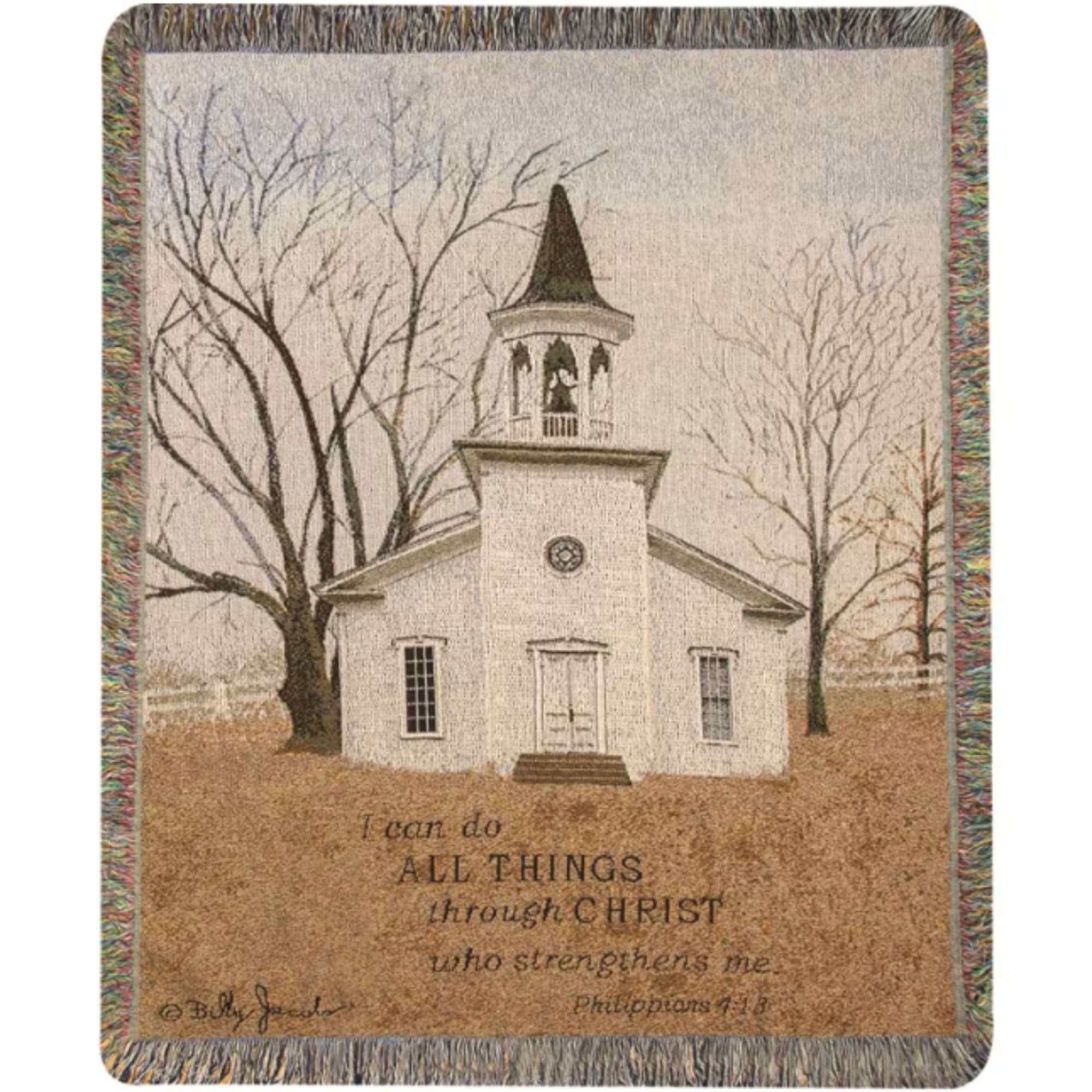 Religious woven throw blanket with a white church and Bible verse in muted neutral tones