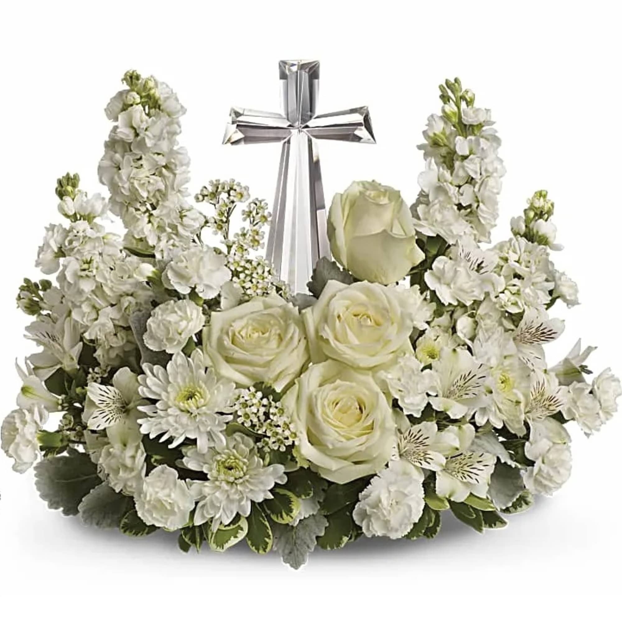 An elegant display of faith and divine peace, this beautiful arrangement will