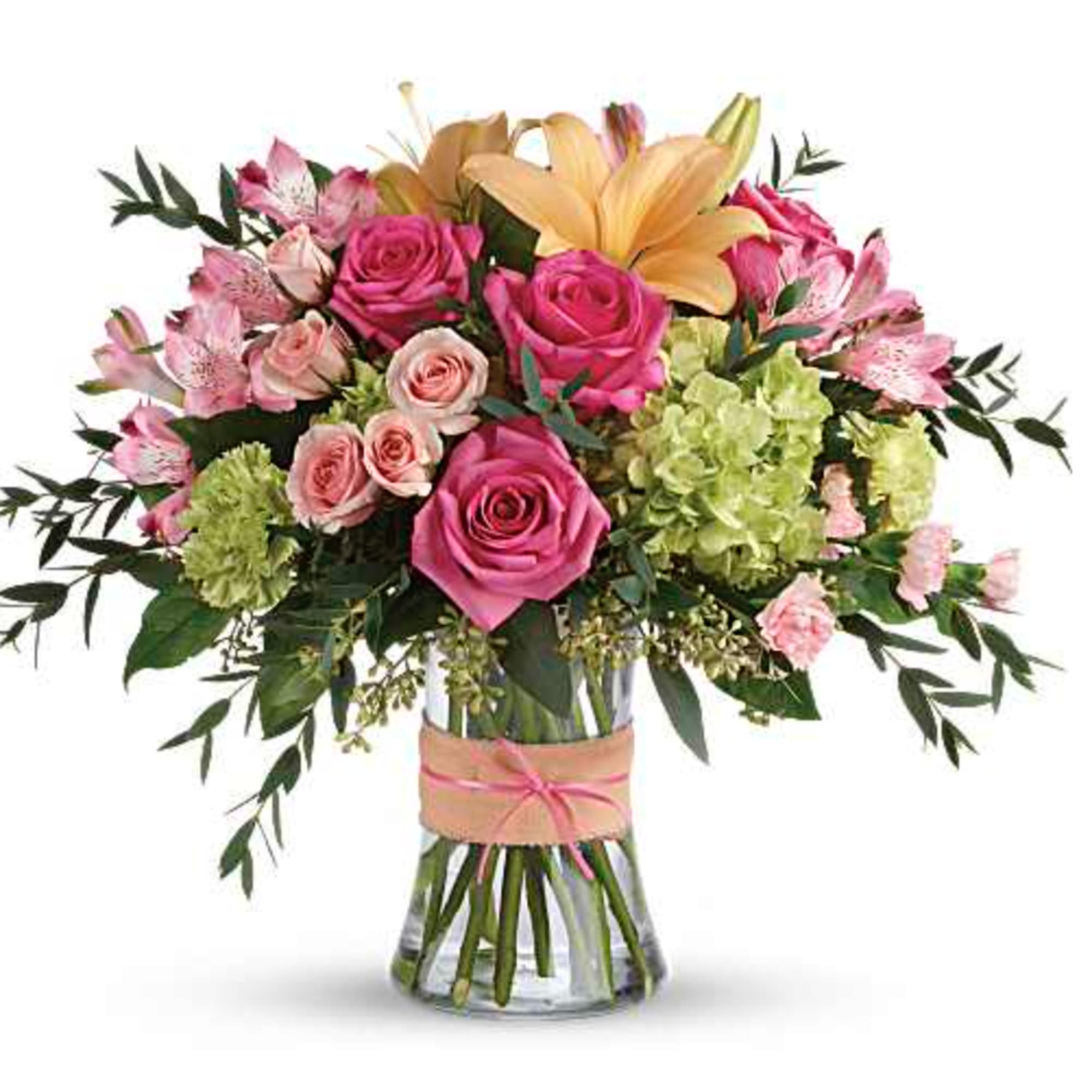 Go ahead, make them blush! This luxurious bouquet of roses, lilies and