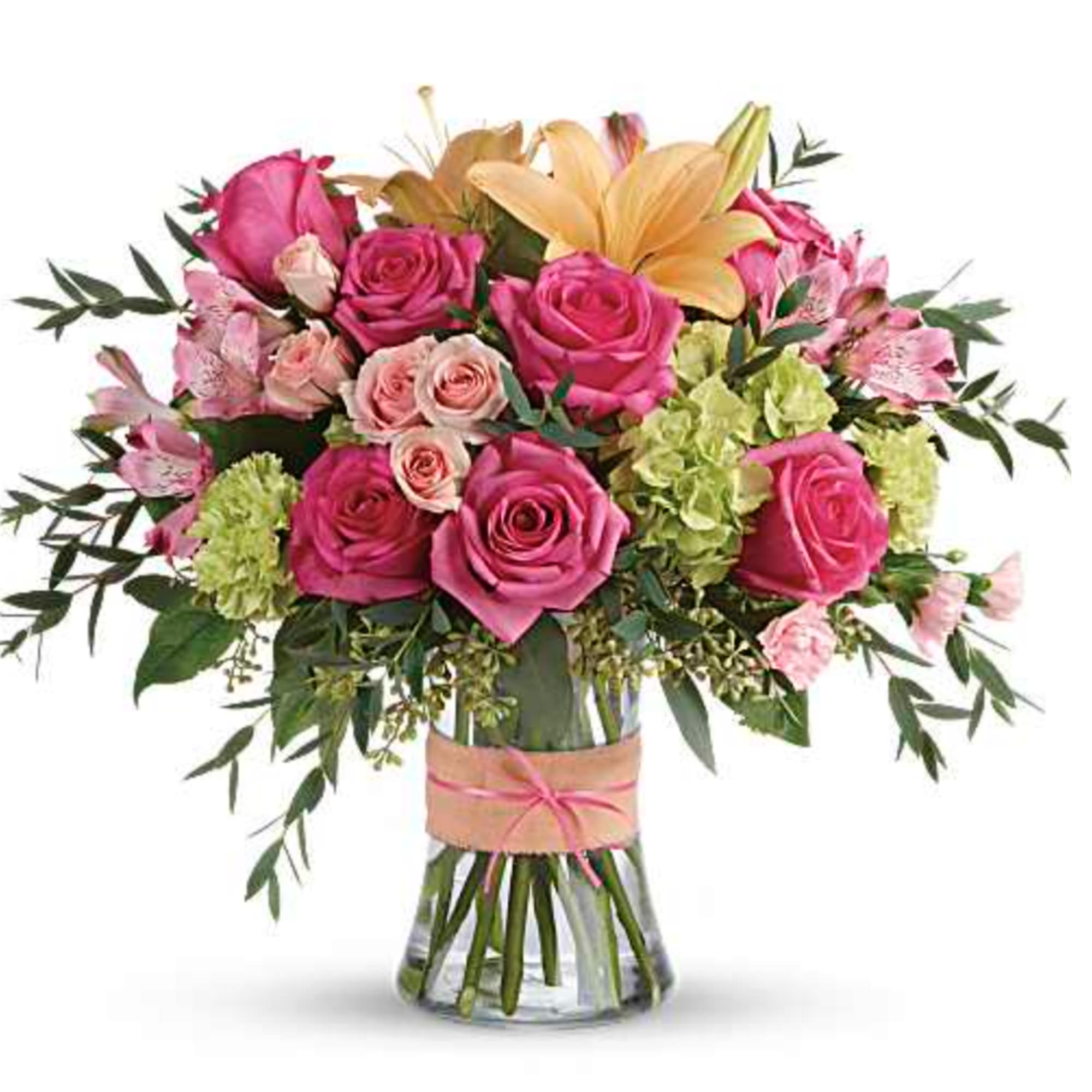 Go ahead, make them blush! This luxurious bouquet of roses, lilies and