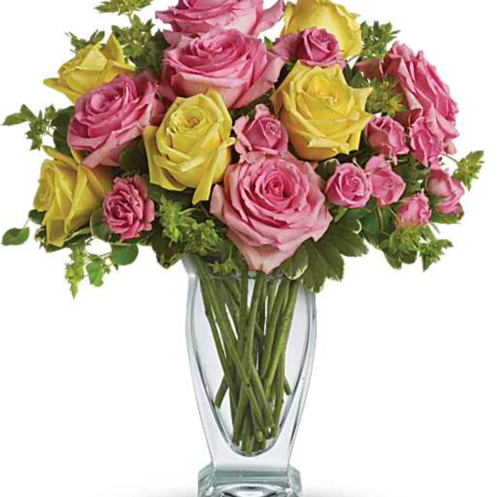 Pink lemonade, anyone? This stunning bouquet of pink and yellow roses adds