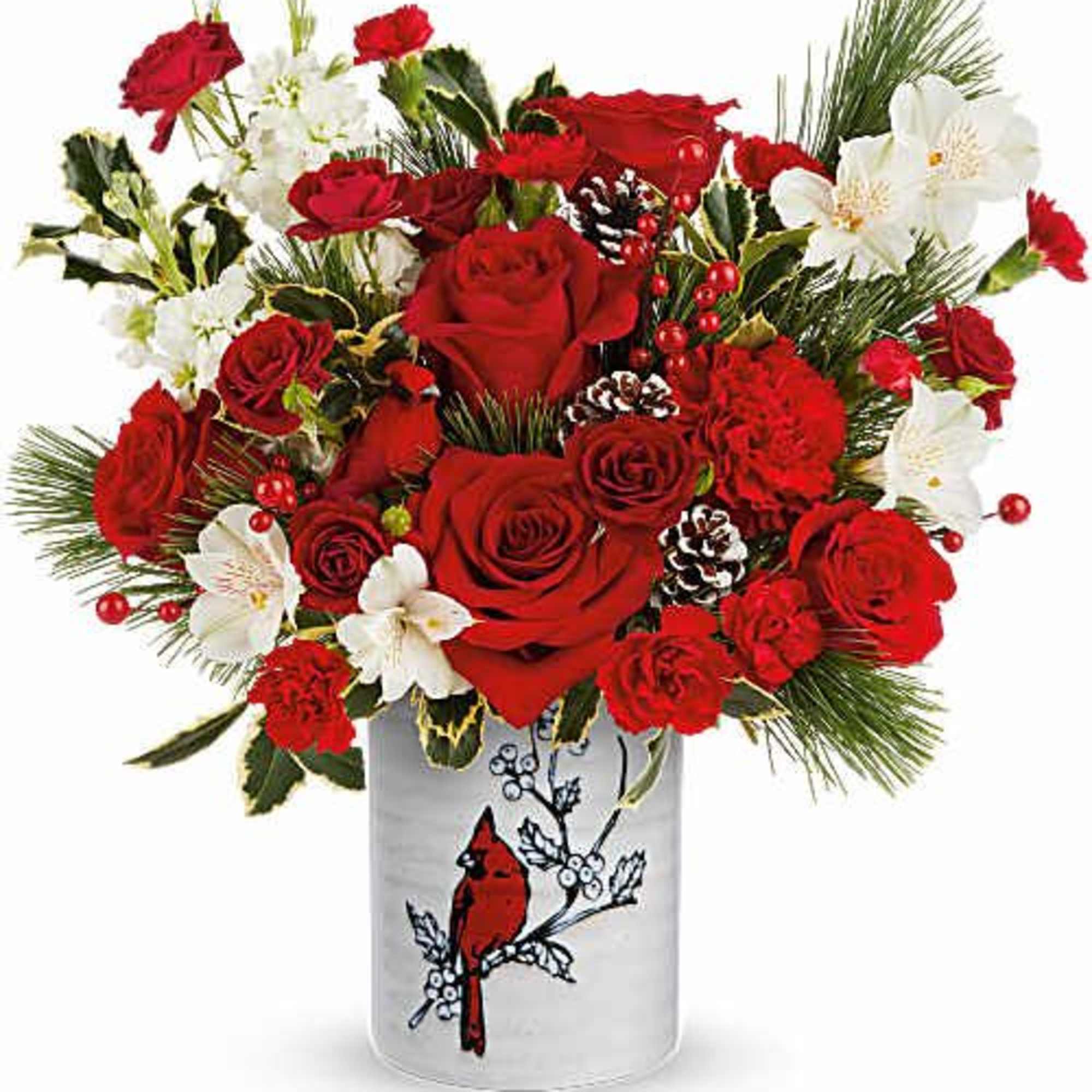 Teleflora's Woodland Cardinal Bouquet is a festive winter favorite! Red roses and