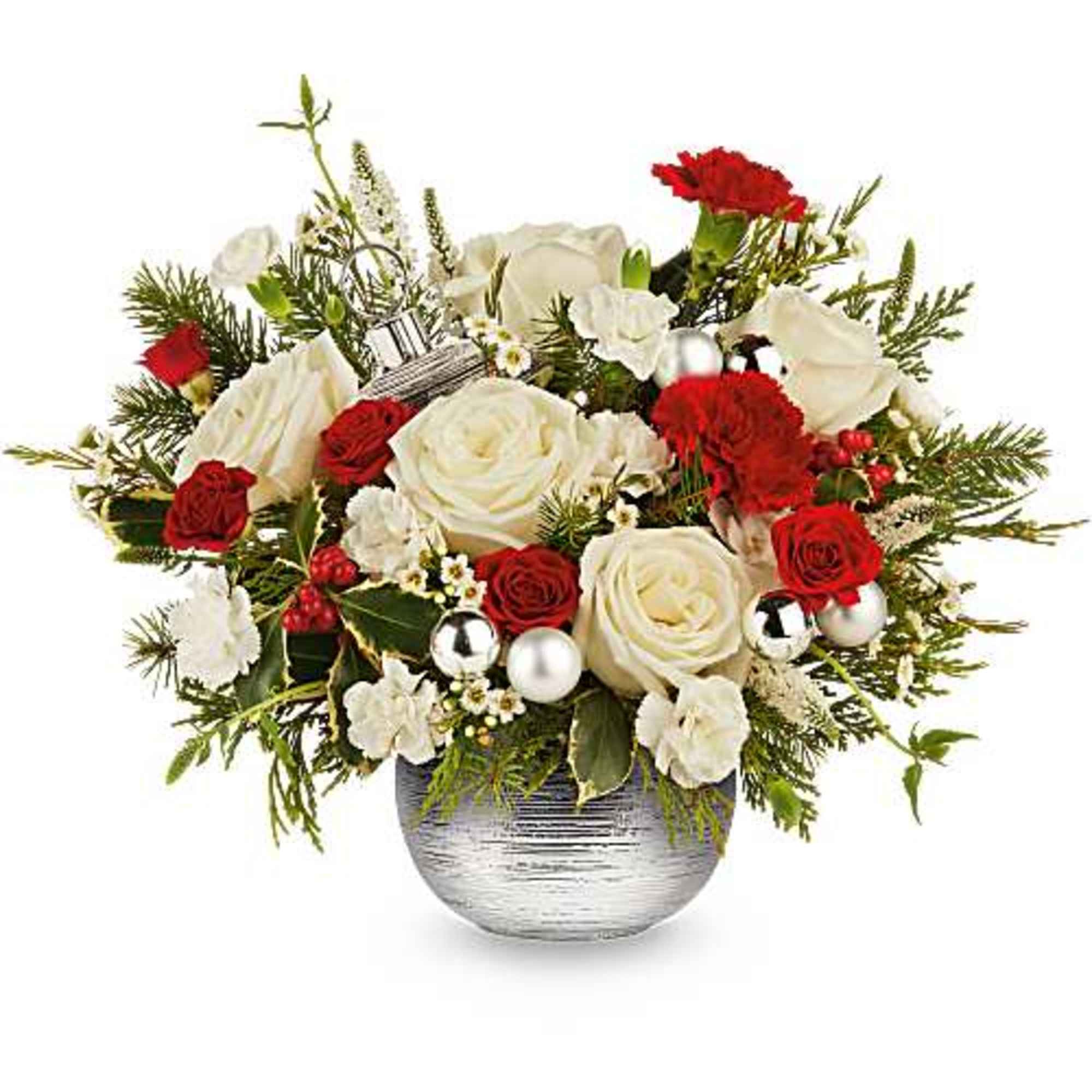 Teleflora's Silver Radiance Bouquet blends classic Christmas color with a bright, modern