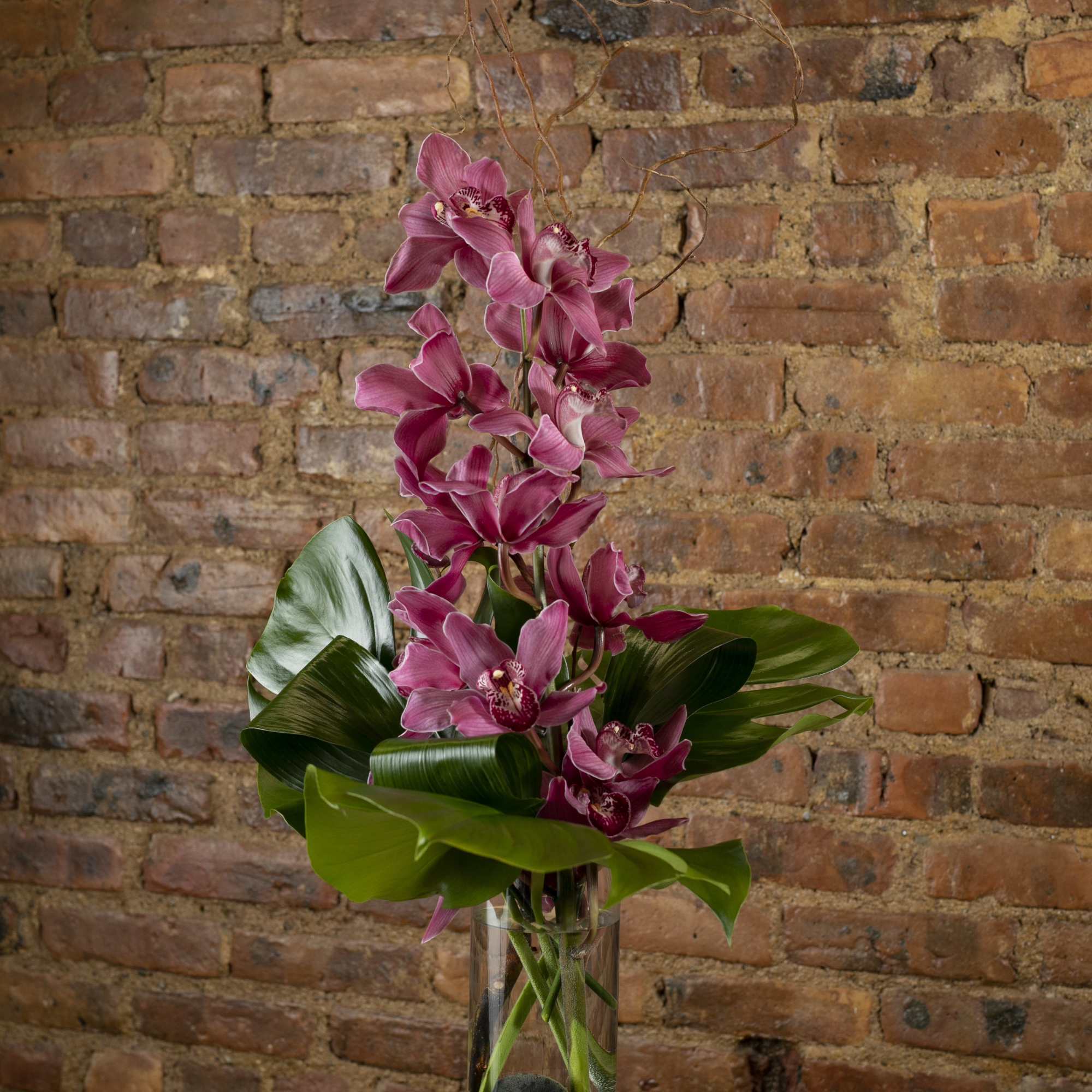 Tall pink orchid arrangement in a clear glass vase
