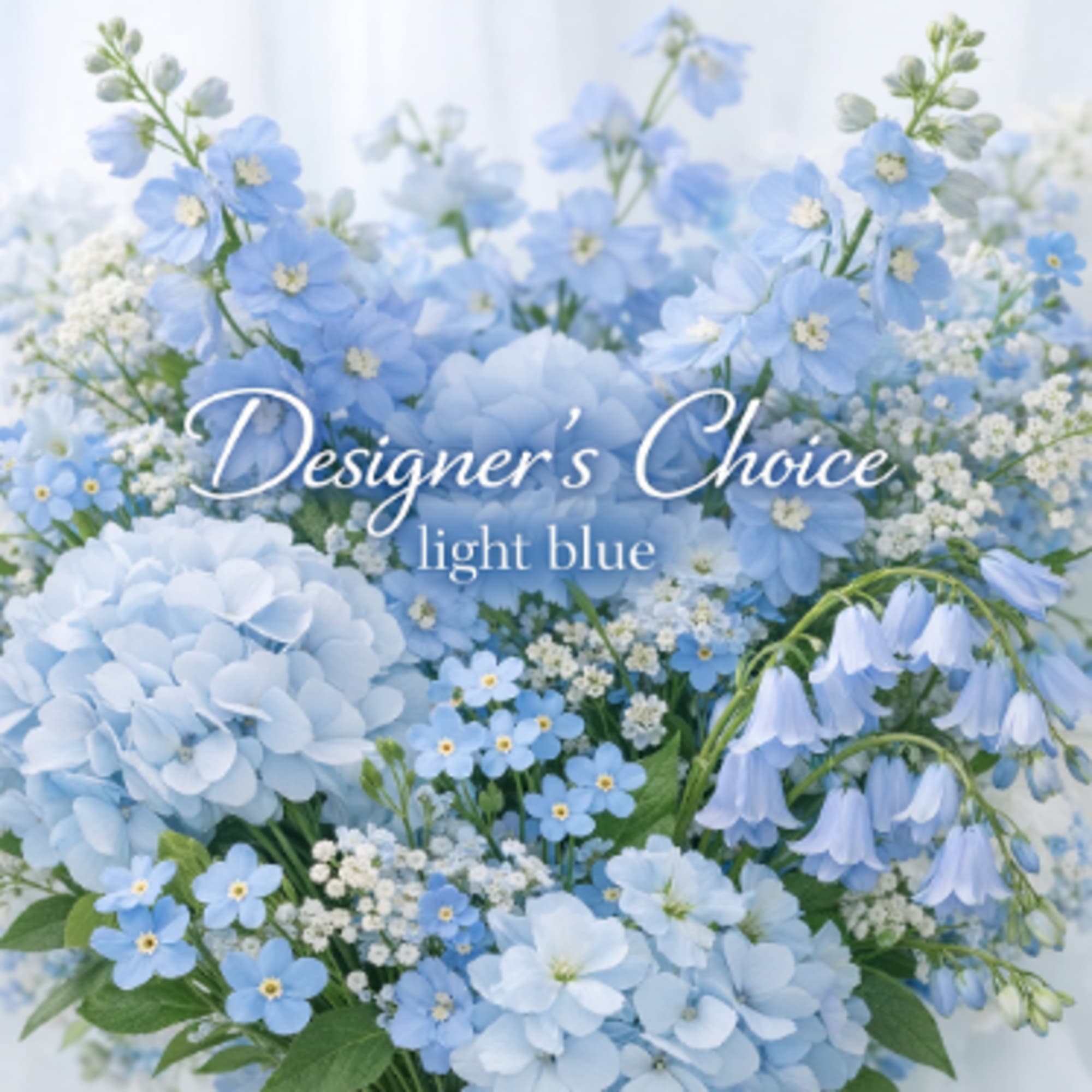 Light blue floral arrangement with hydrangeas and small blue blossoms