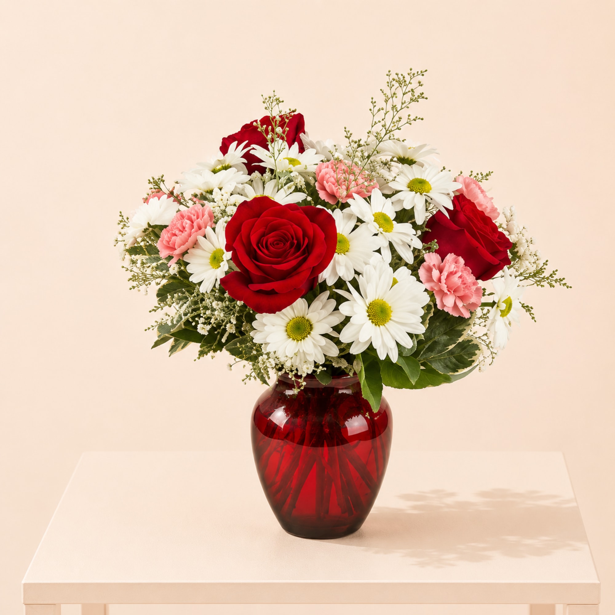 A charming flower arrangement featuring classic red roses, bright white daisies, and