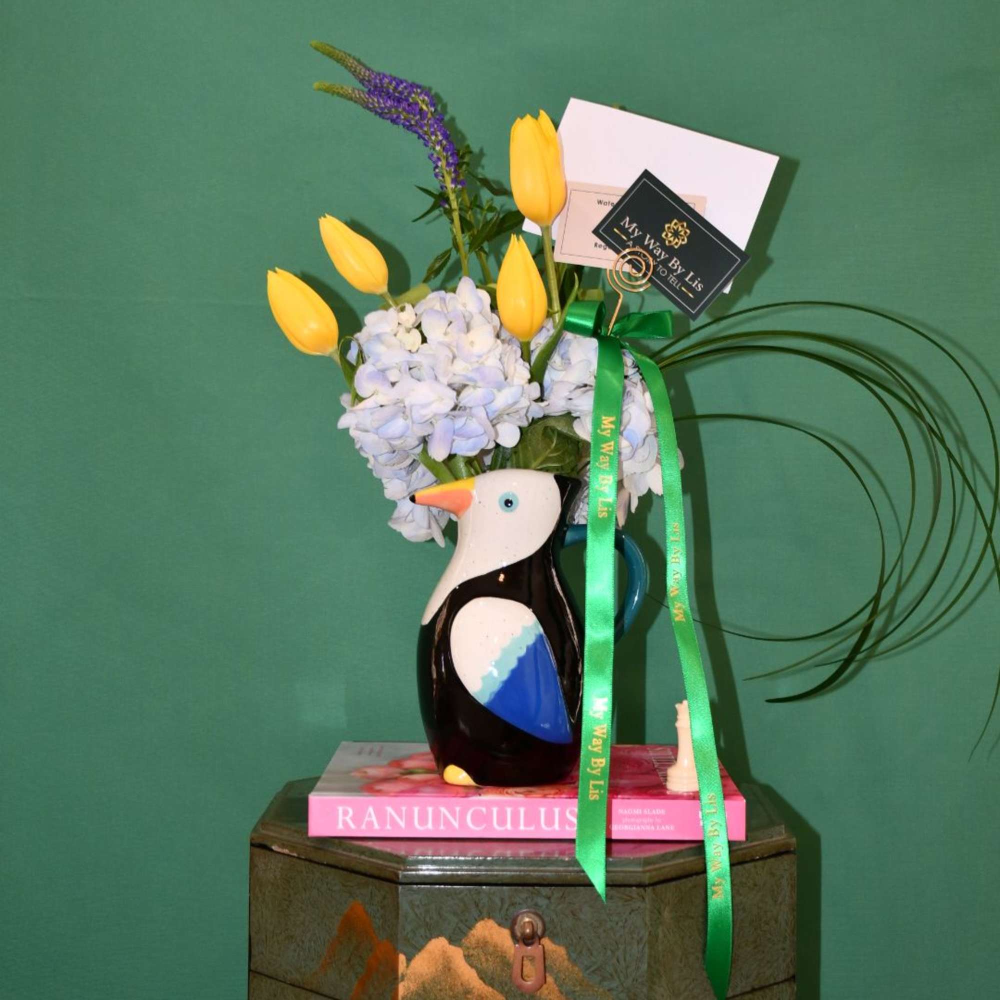Exotic parrot filled with tulips Veronica and Hydrangeas!