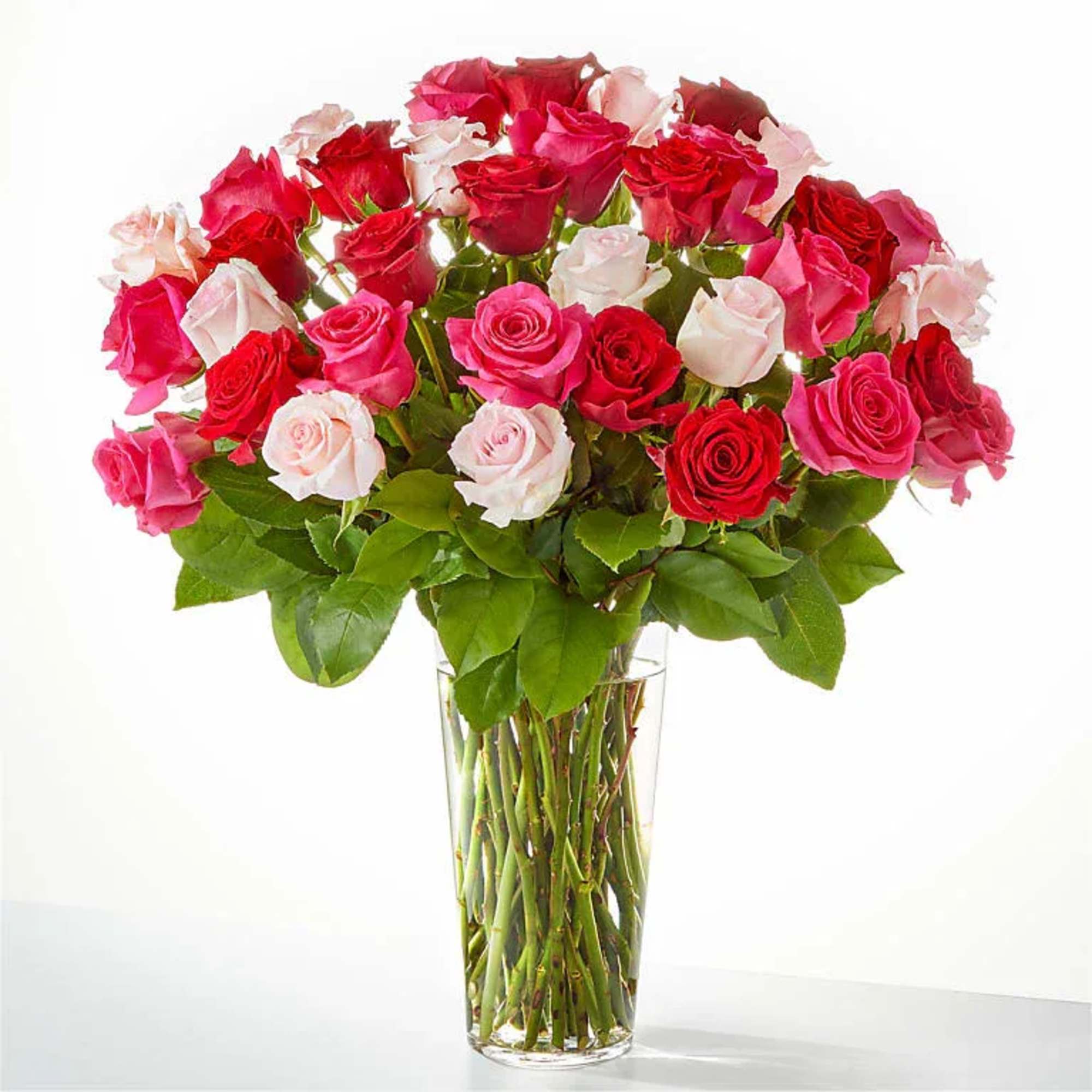 Bouquet of red, pink, and white roses in a clear glass vase