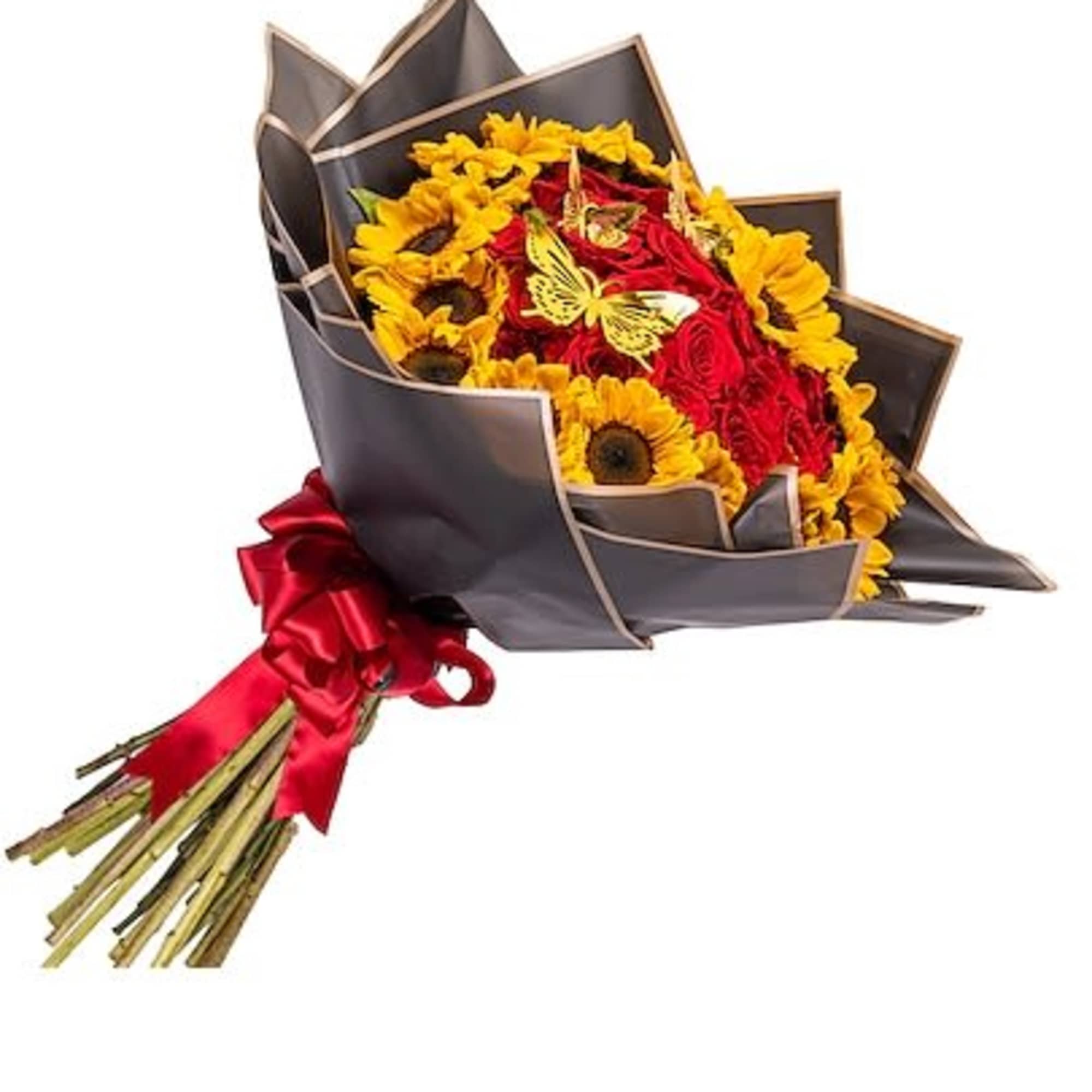 Bouquet of red roses and yellow sunflowers wrapped in dark paper