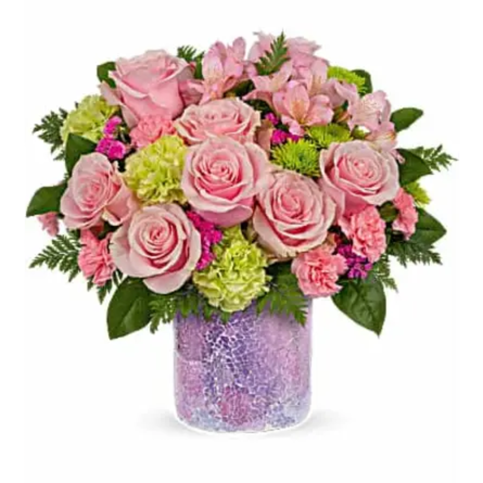 Pink roses and mixed blooms arranged in a lavender vase