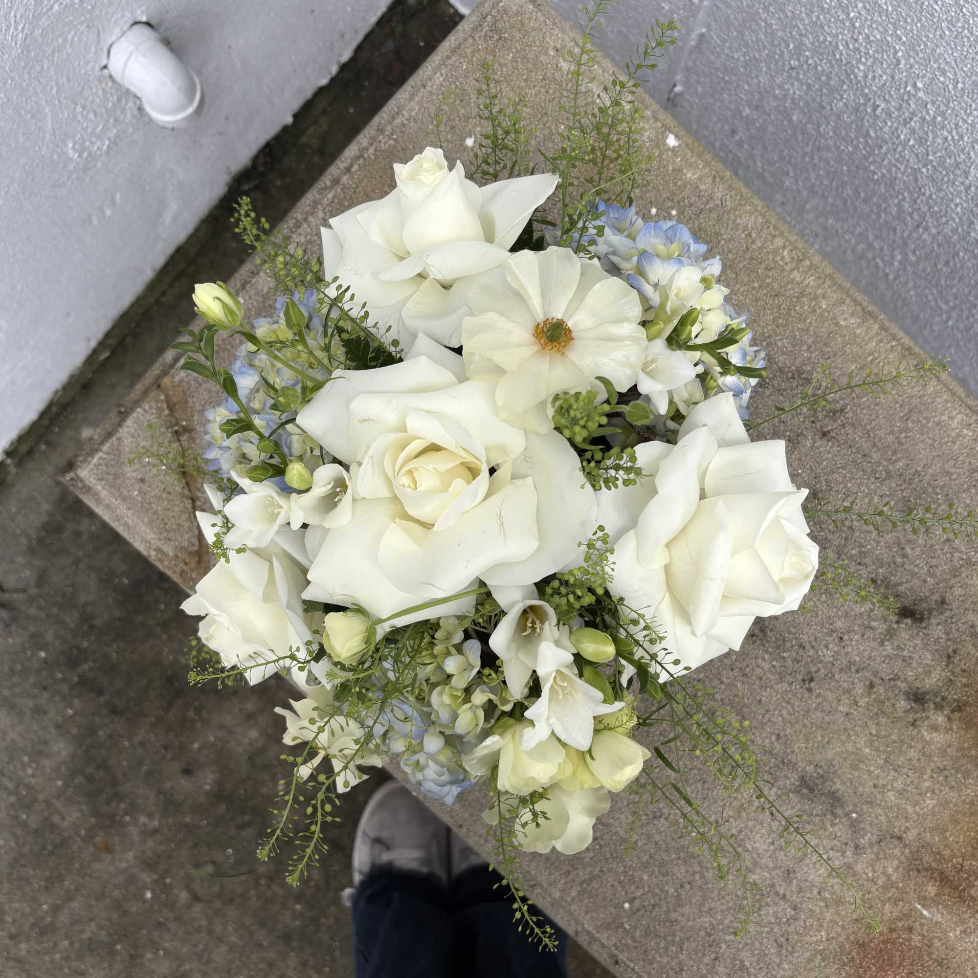 White roses and pale blue flowers in a hand-tied bouquet