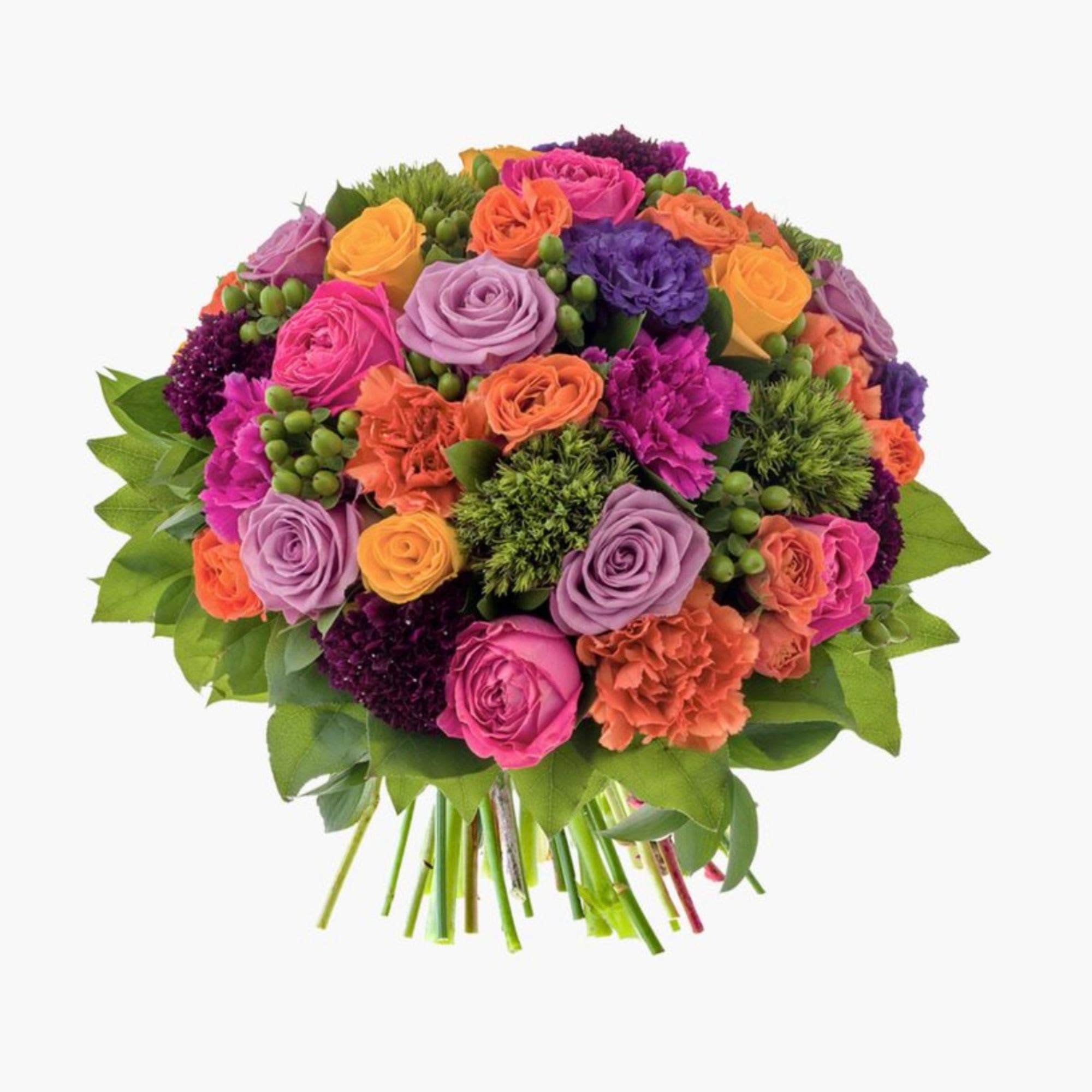 Colorful bouquet of roses and carnations with green berries