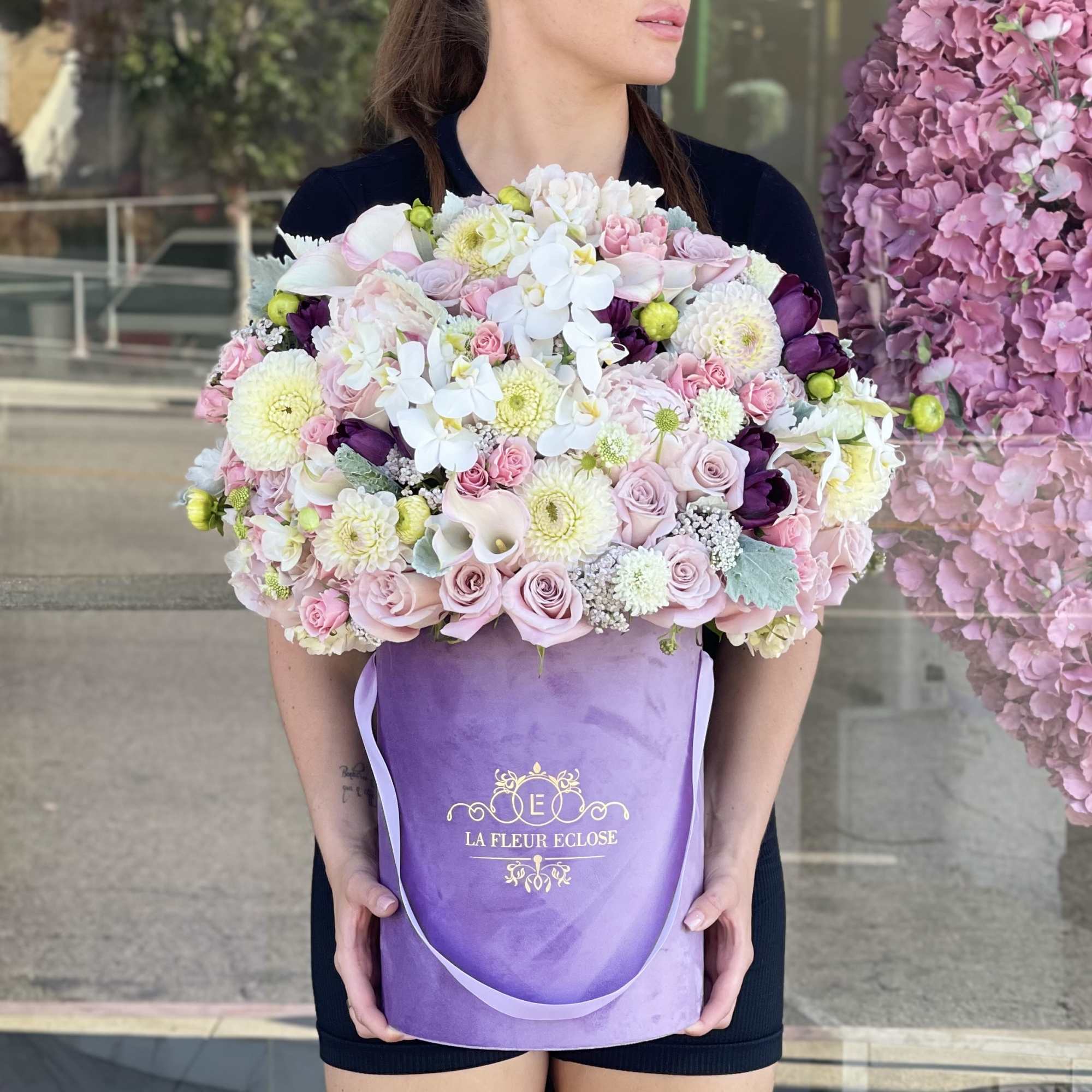 Large pastel bouquet in a purple gift box
