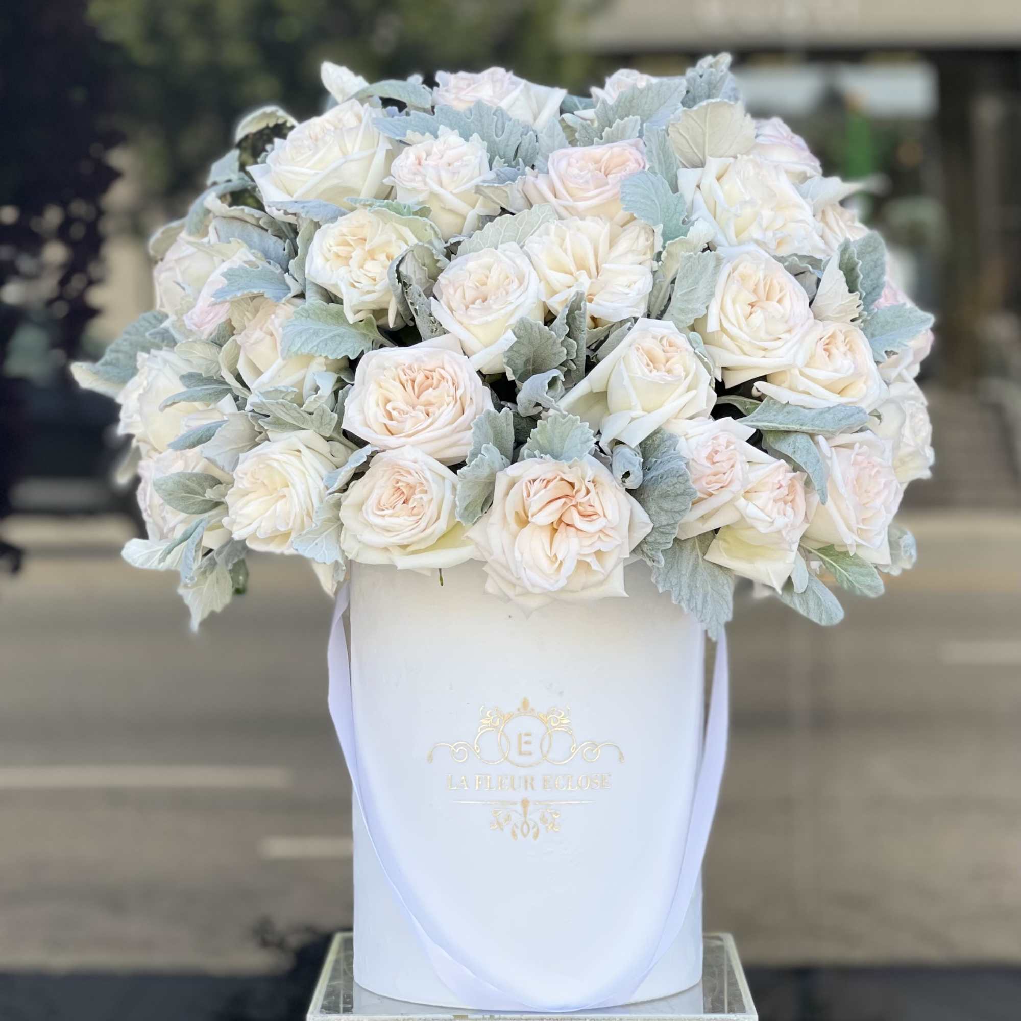 Beautiful garden roses in our signature white velvet box