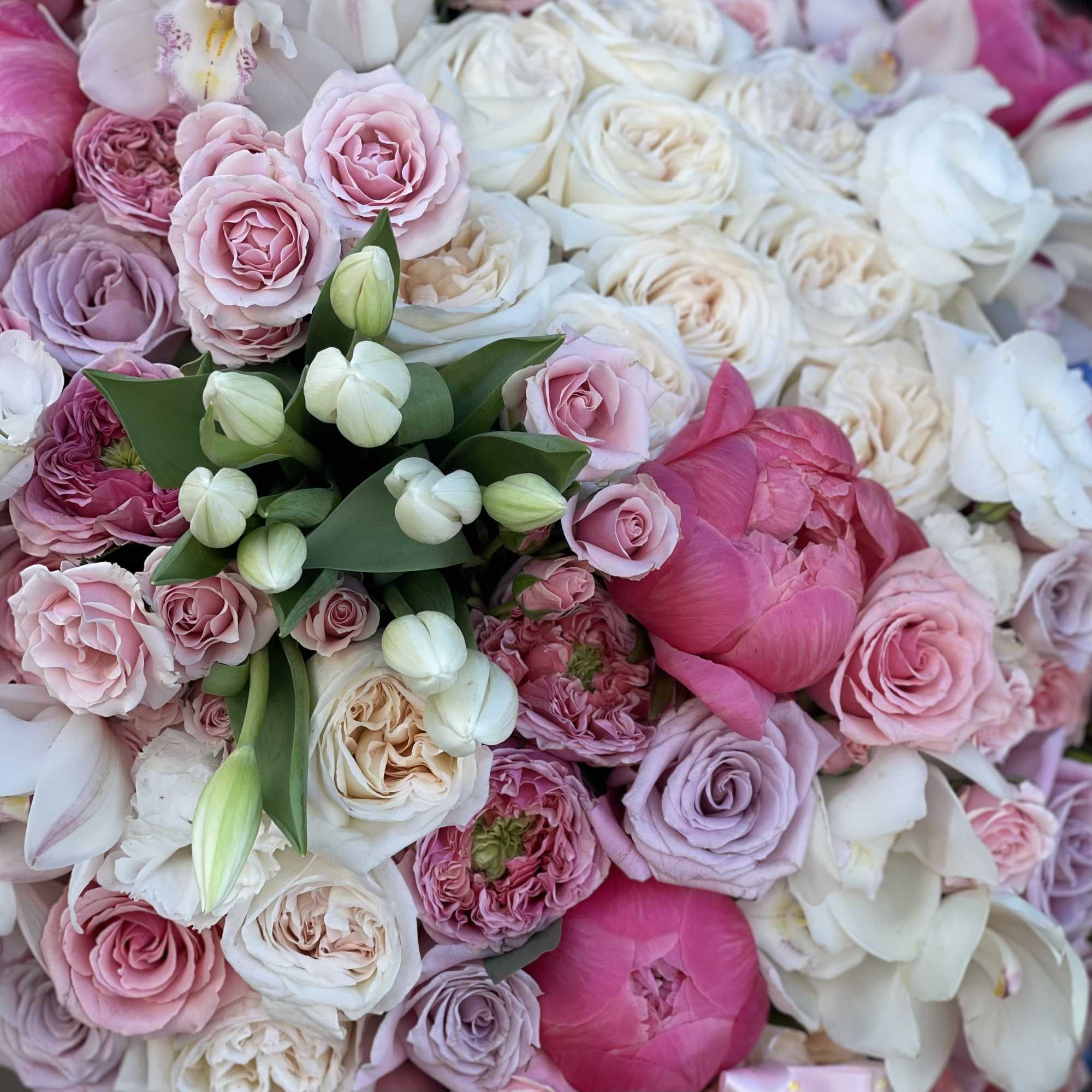 Pink and white roses with peonies and orchids in a dense bouquet