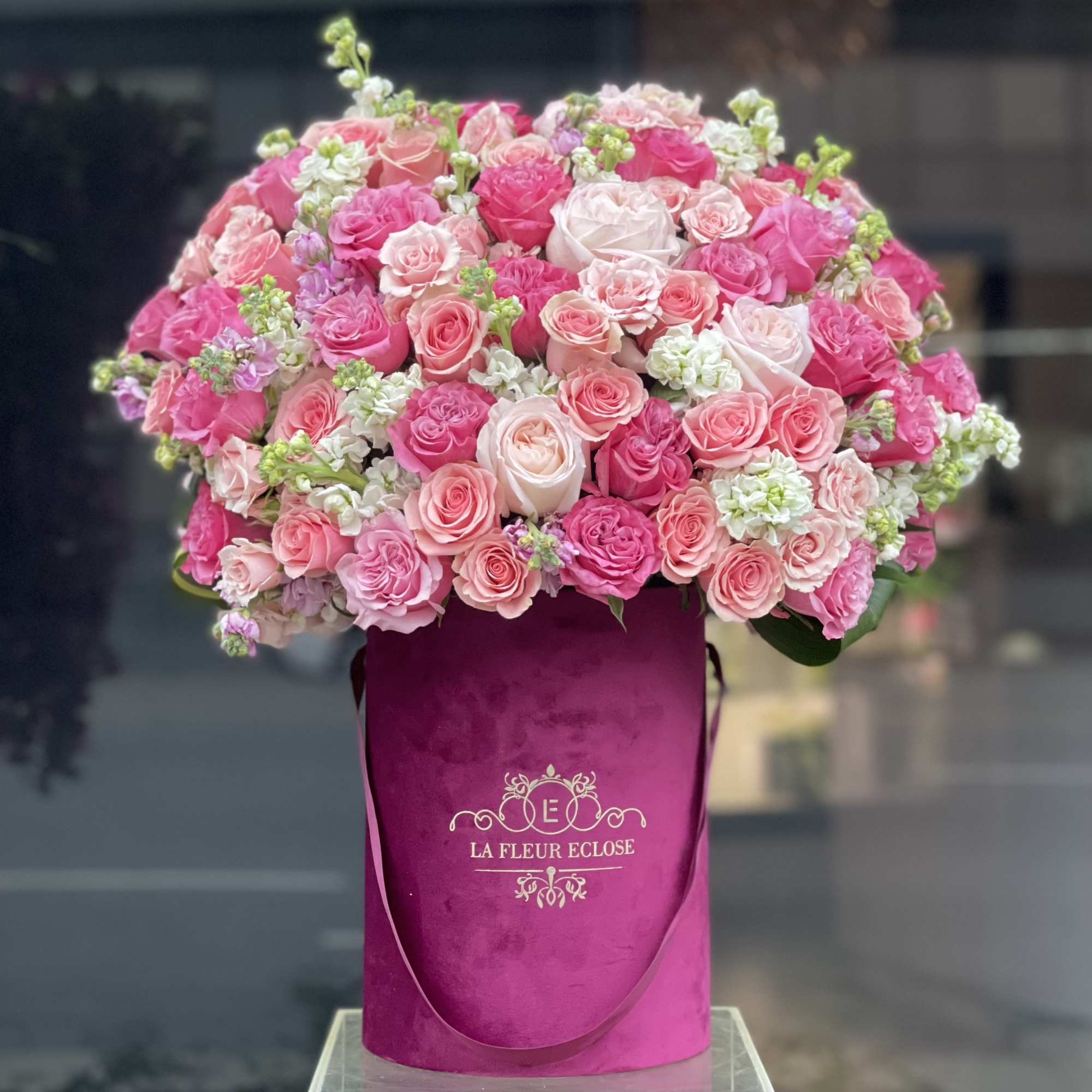 Gorgeous burgundy velvet box arrangement with garden roses, different pink toned roses