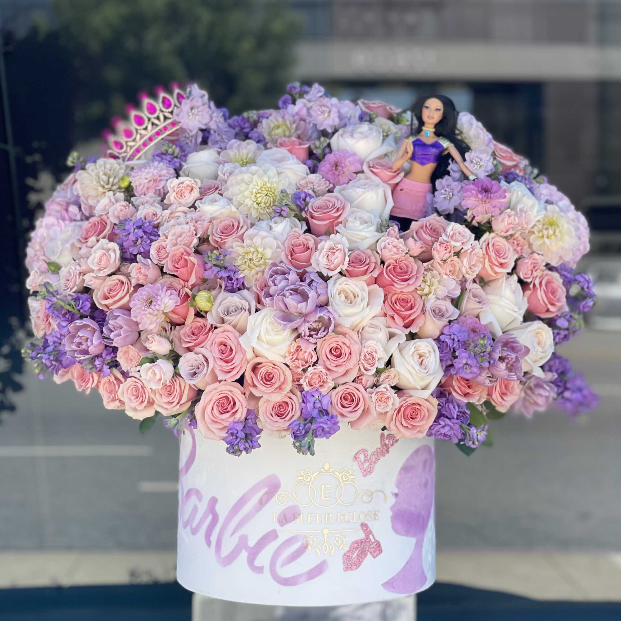Extravagant arrangement with premium flowers in a velvet box. Barbie themed. Kimora