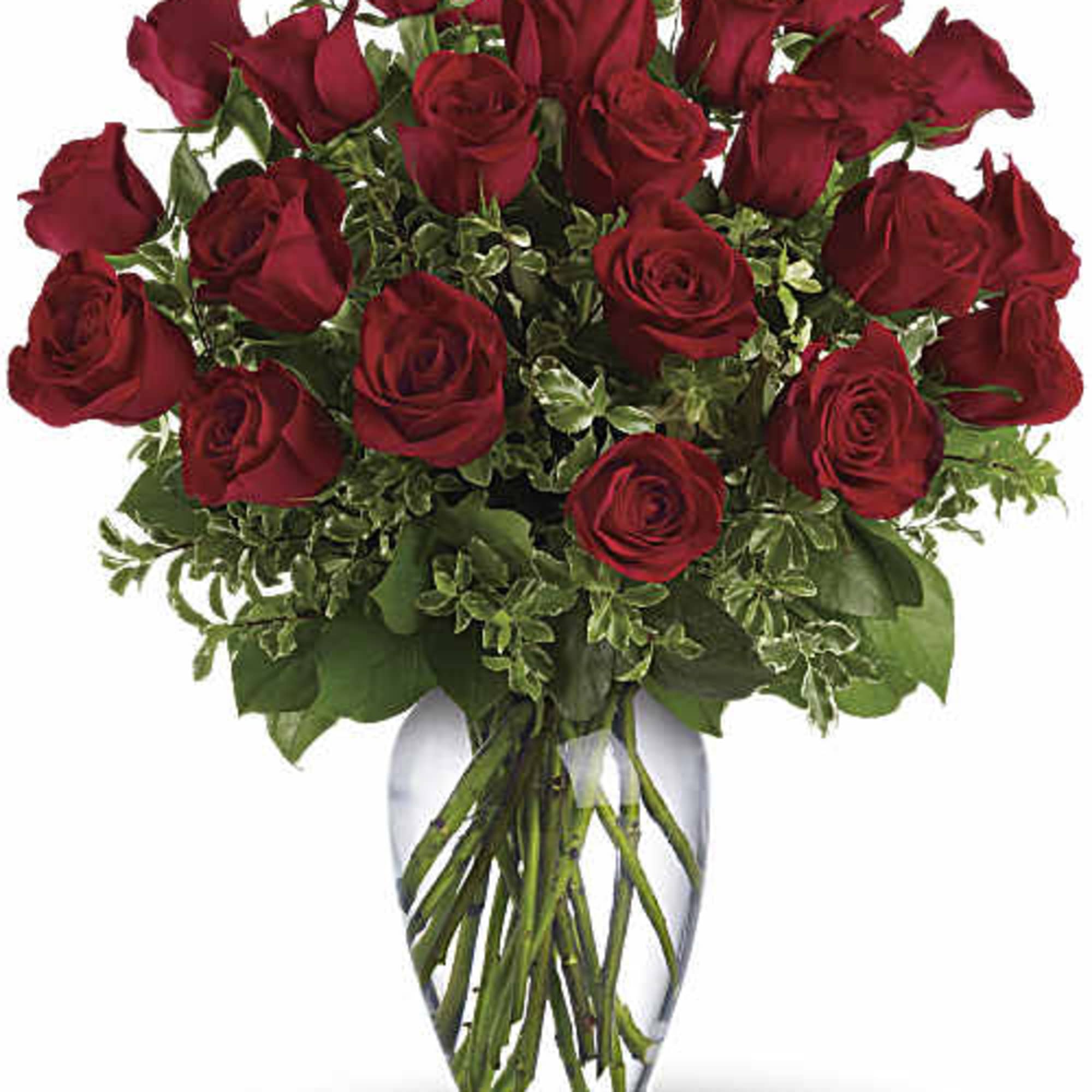 Bouquet of red roses in a clear glass vase