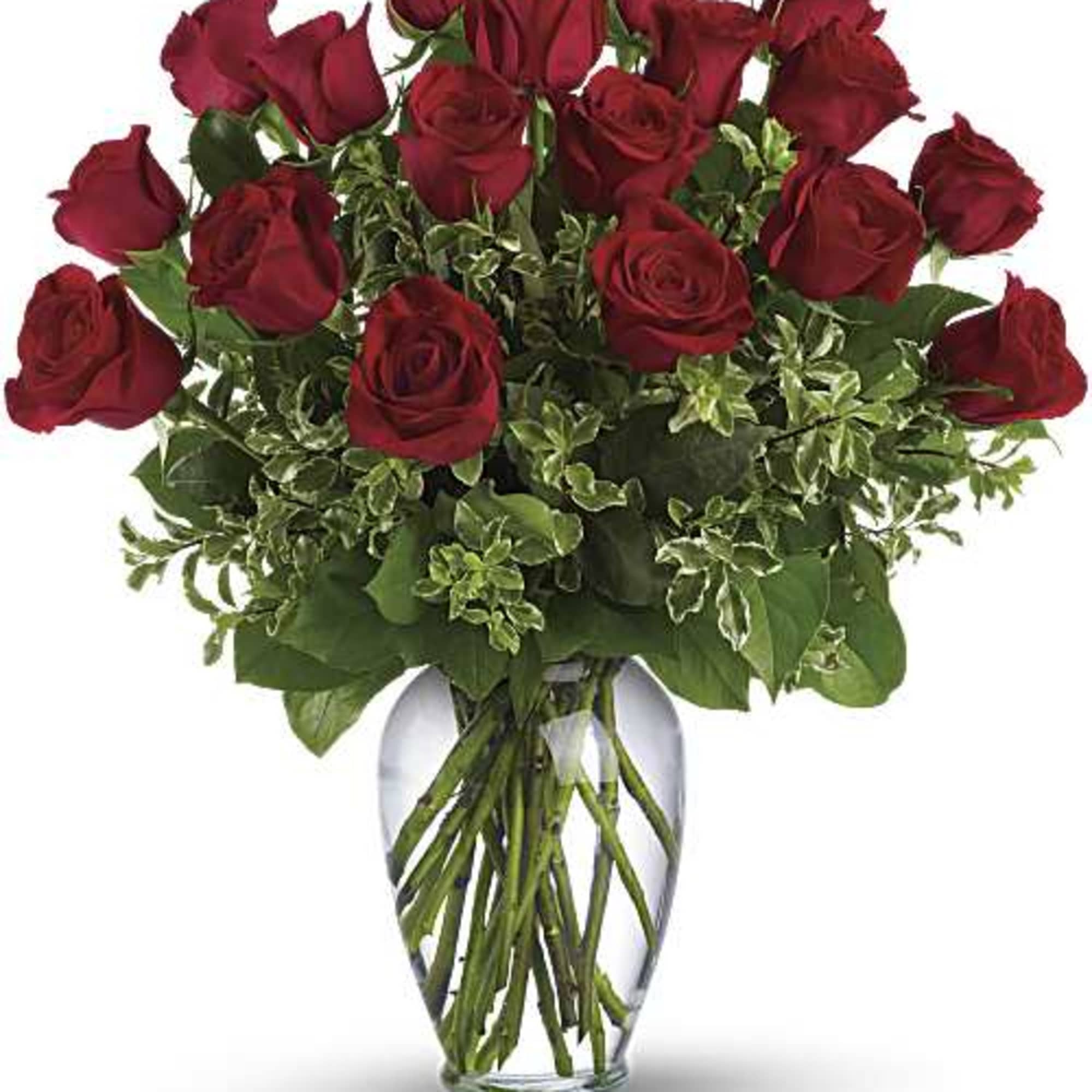 Bouquet of red roses in a clear glass vase
