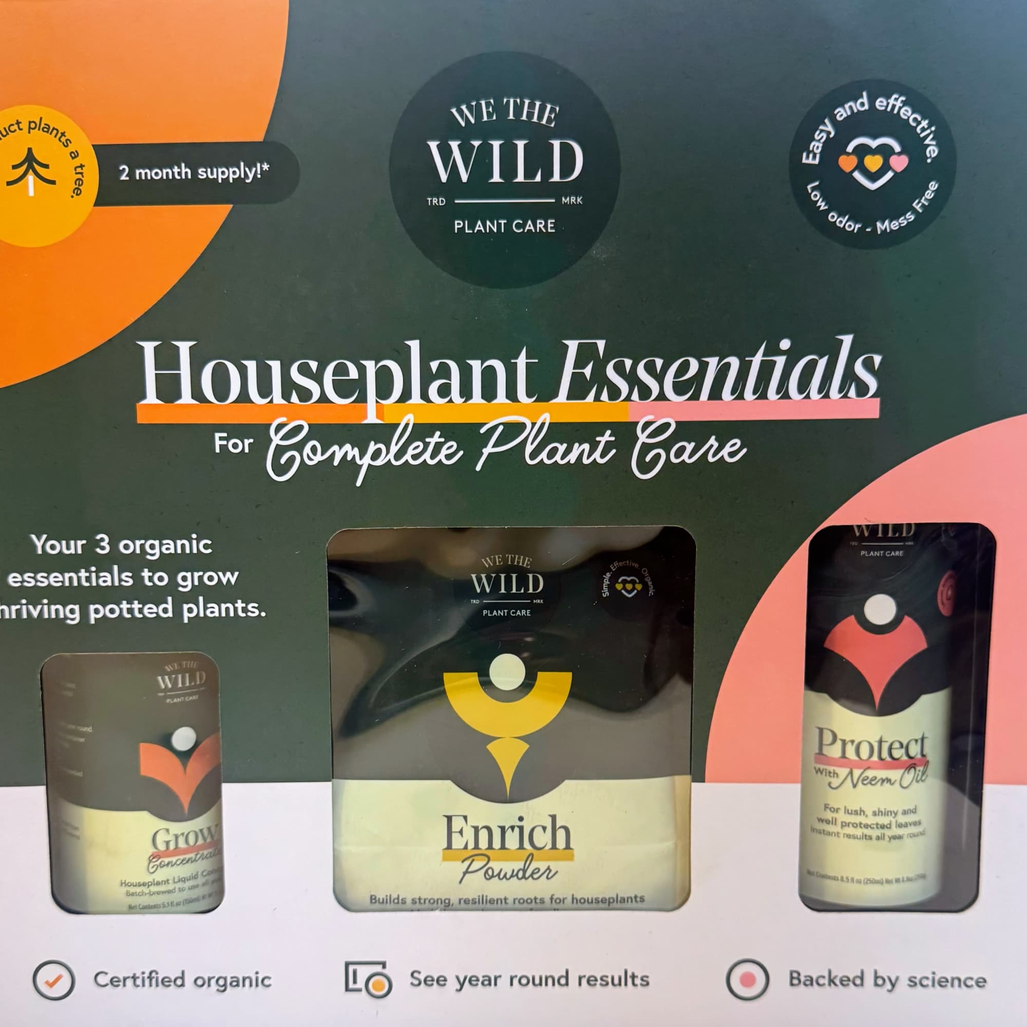 Houseplant care product box with three plant care containers