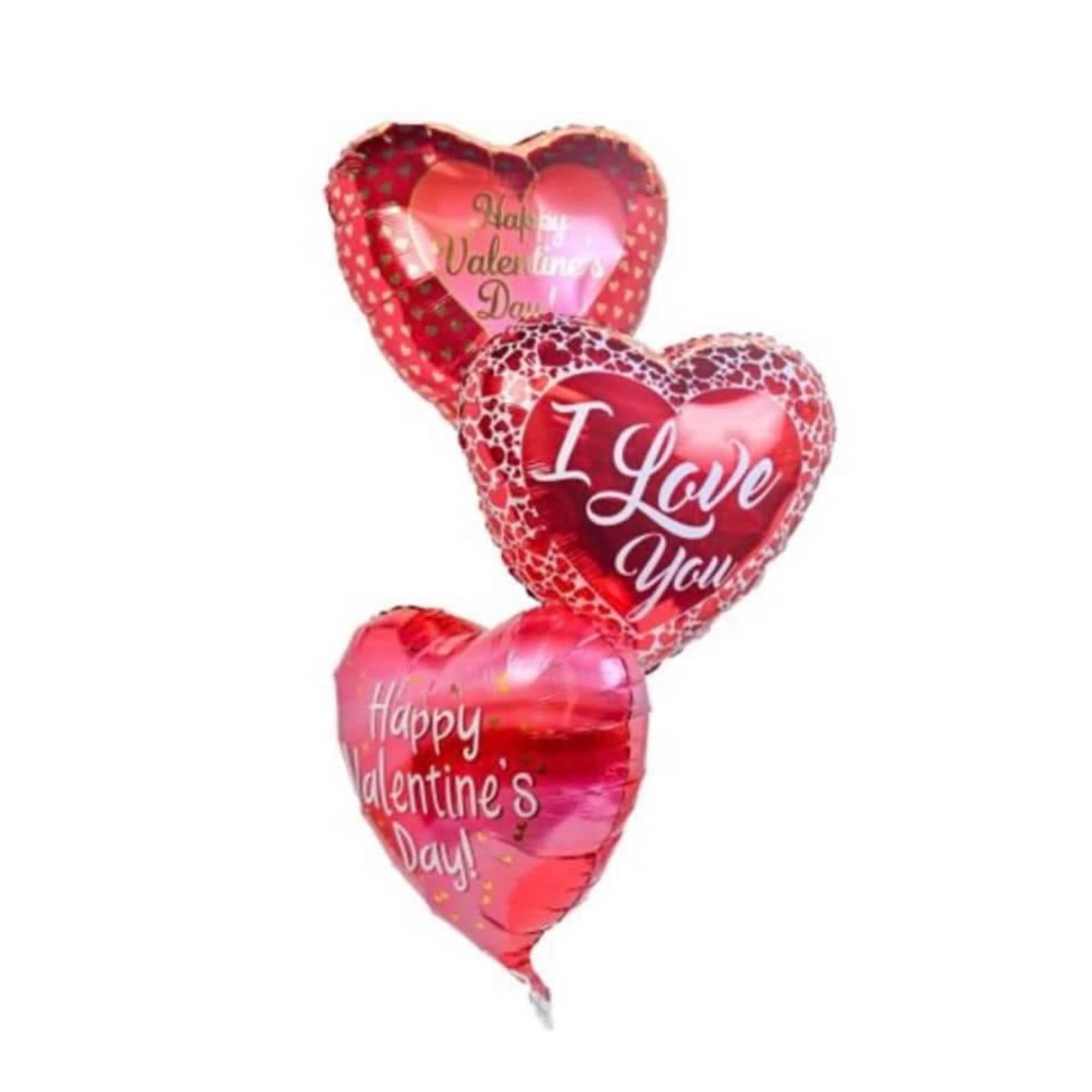 Three heart-shaped Valentine’s Day balloons in red and pink
