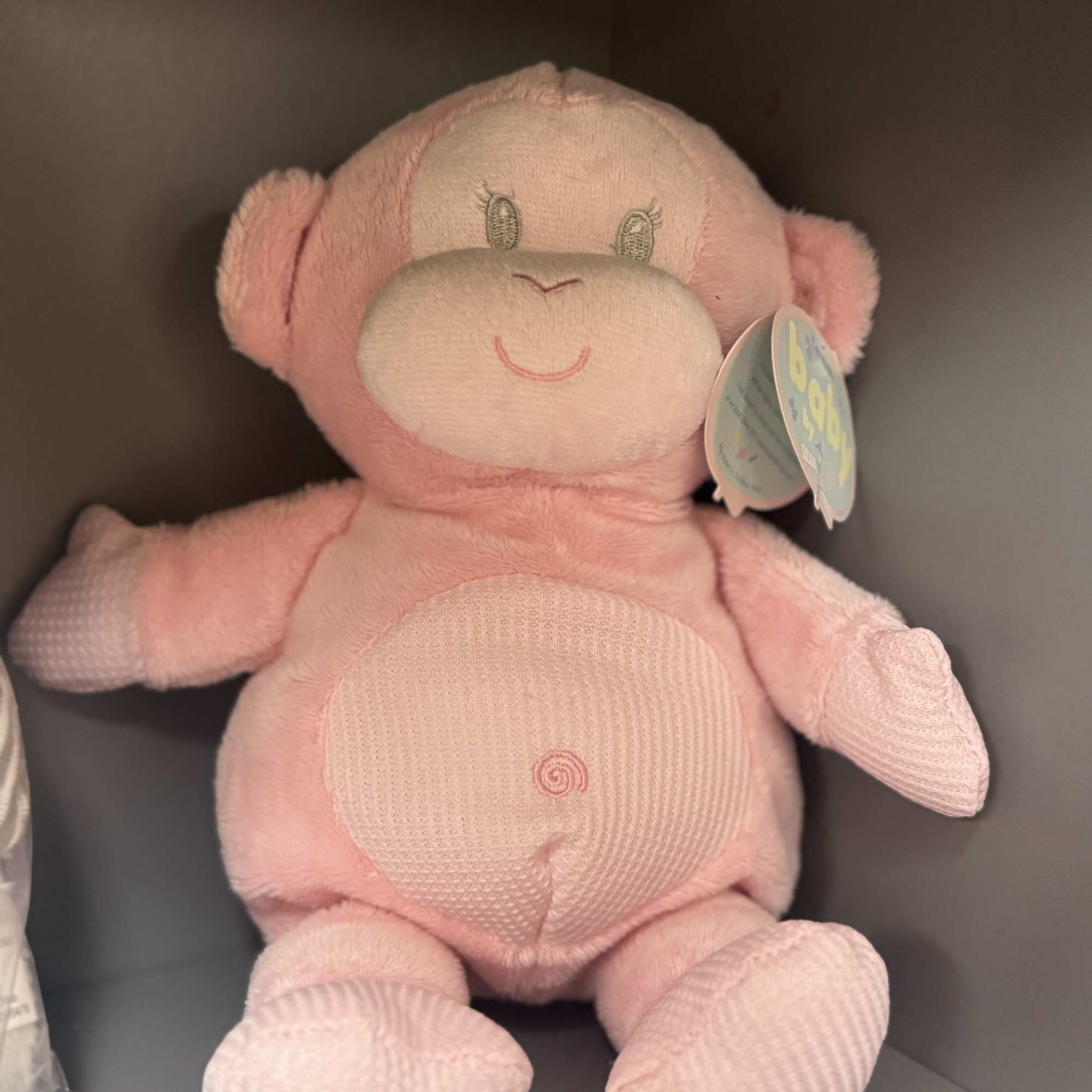 Pink plush monkey toy with a tag attached