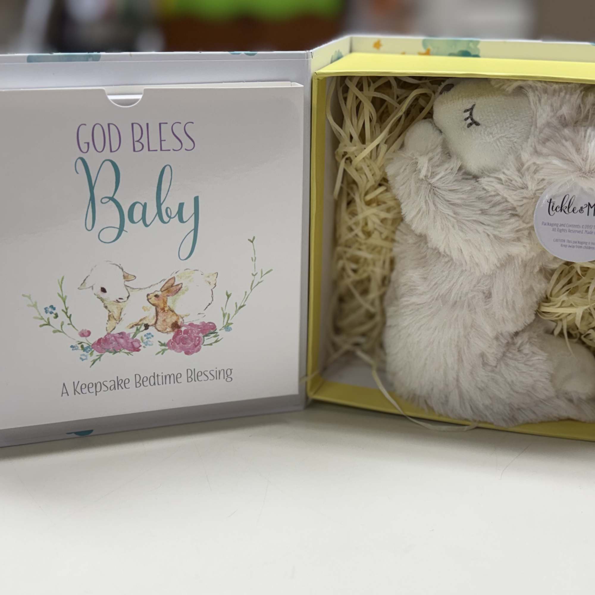 Gift box with a plush bunny and a baby blessing card