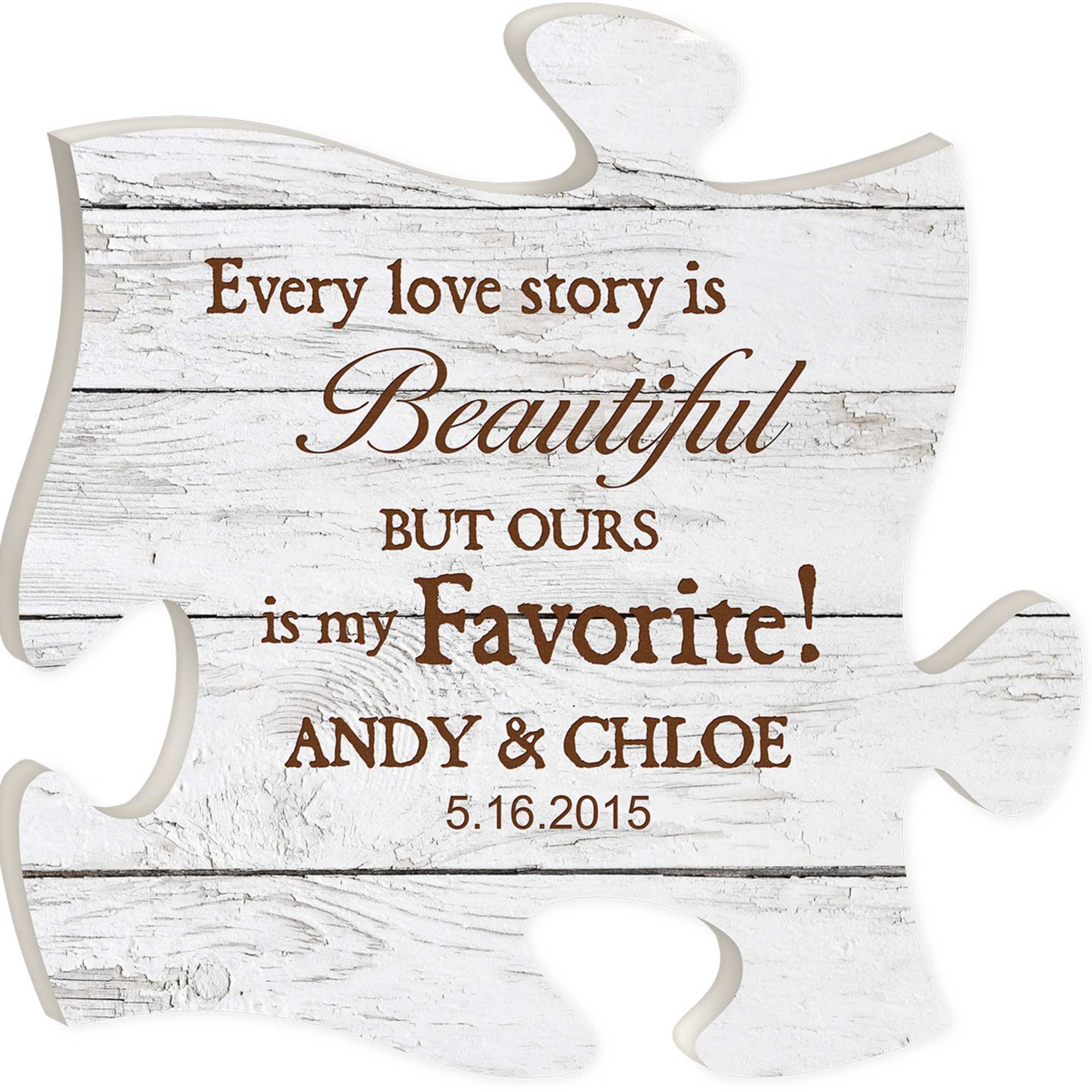 Personalized wooden puzzle sign with a love quote and names
