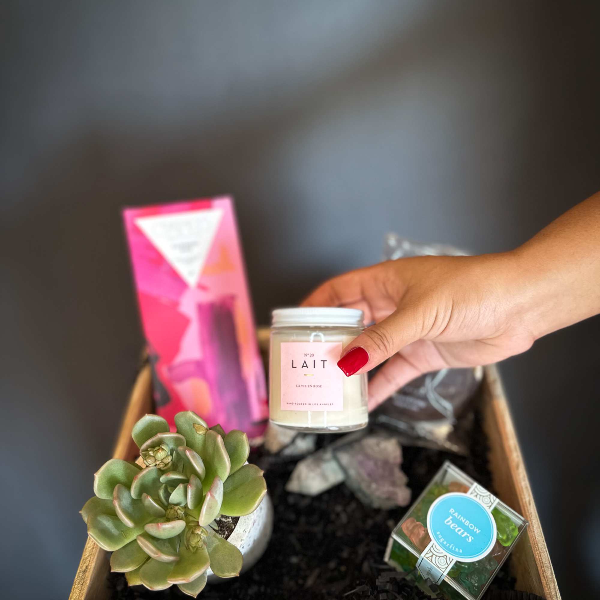 Gift box with a succulent, candle, and candy