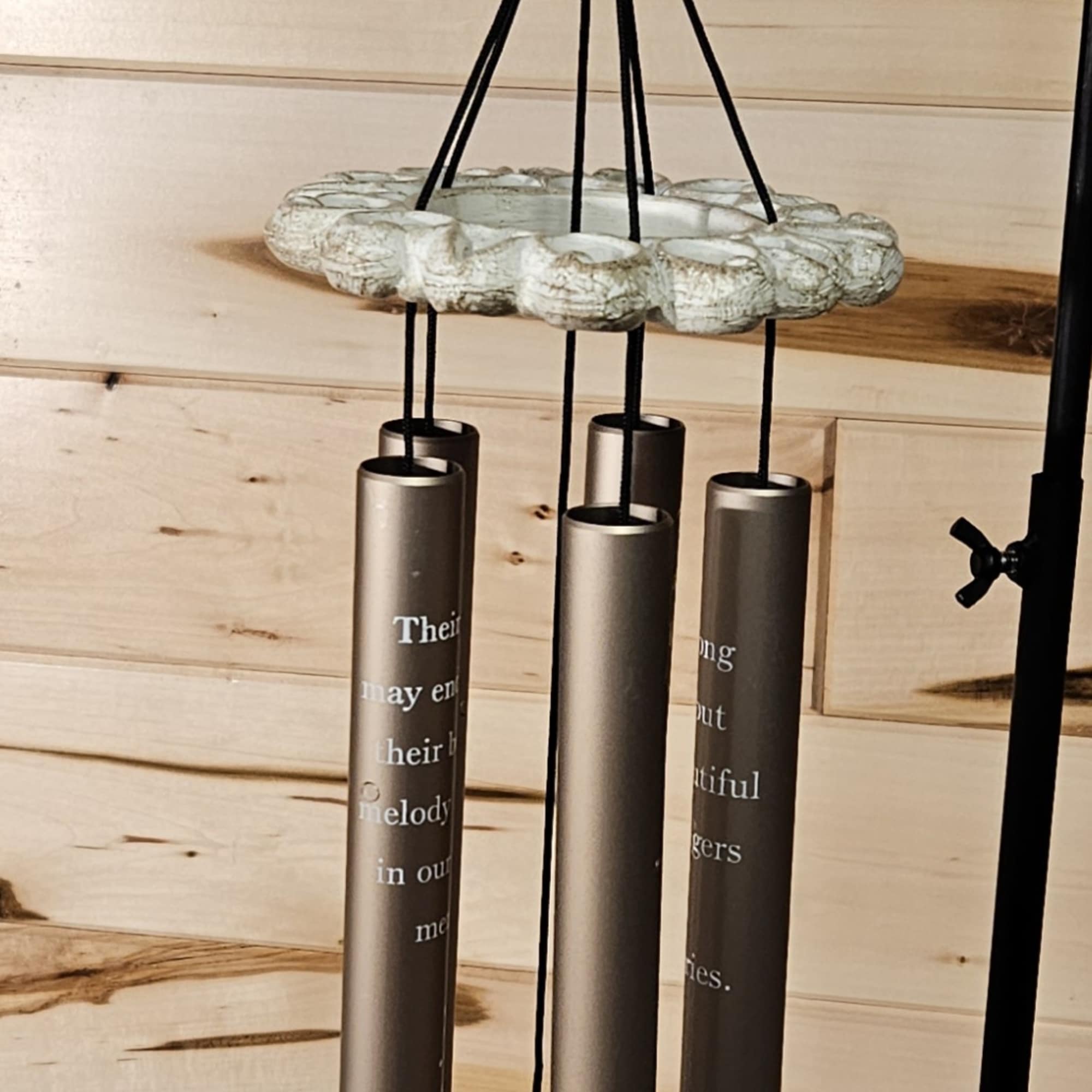Decorative memorial wind chime with "Always in our Memories" plaque