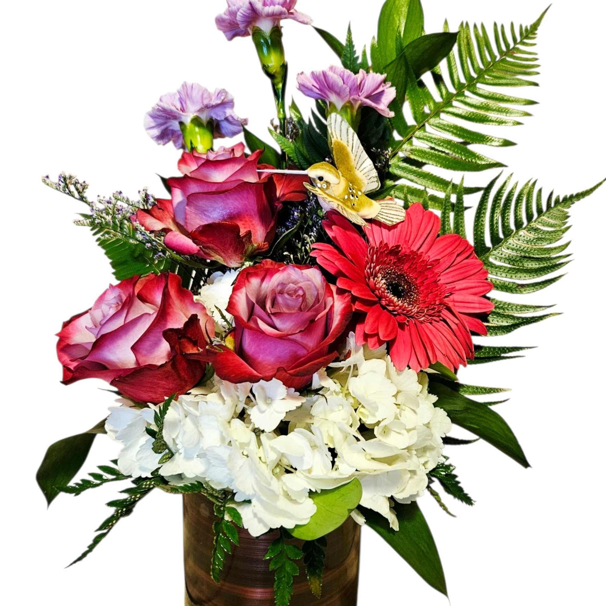 A bright gerbera centers a three roses and hydrangeas in this compact