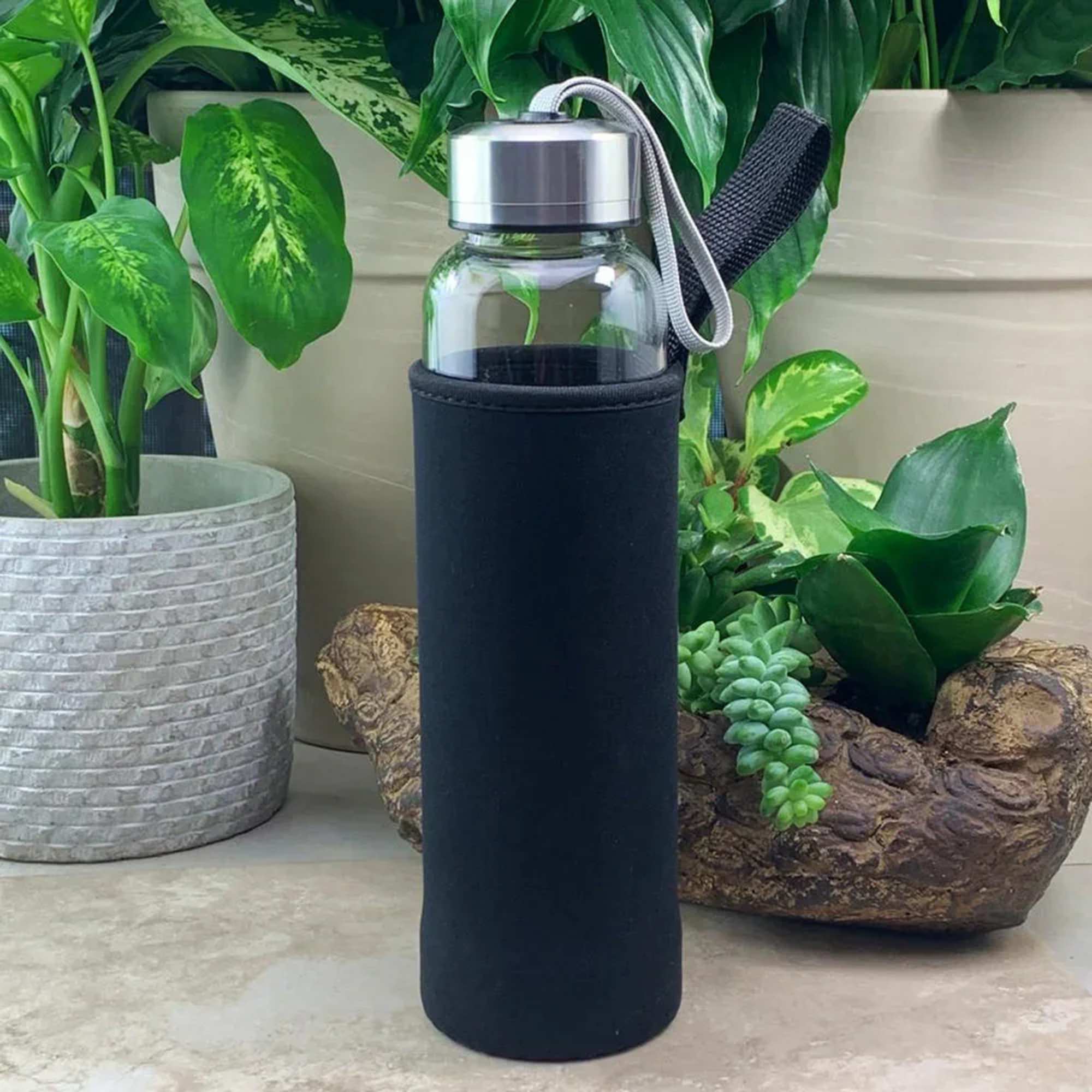Glass water bottle in a black sleeve among potted plants