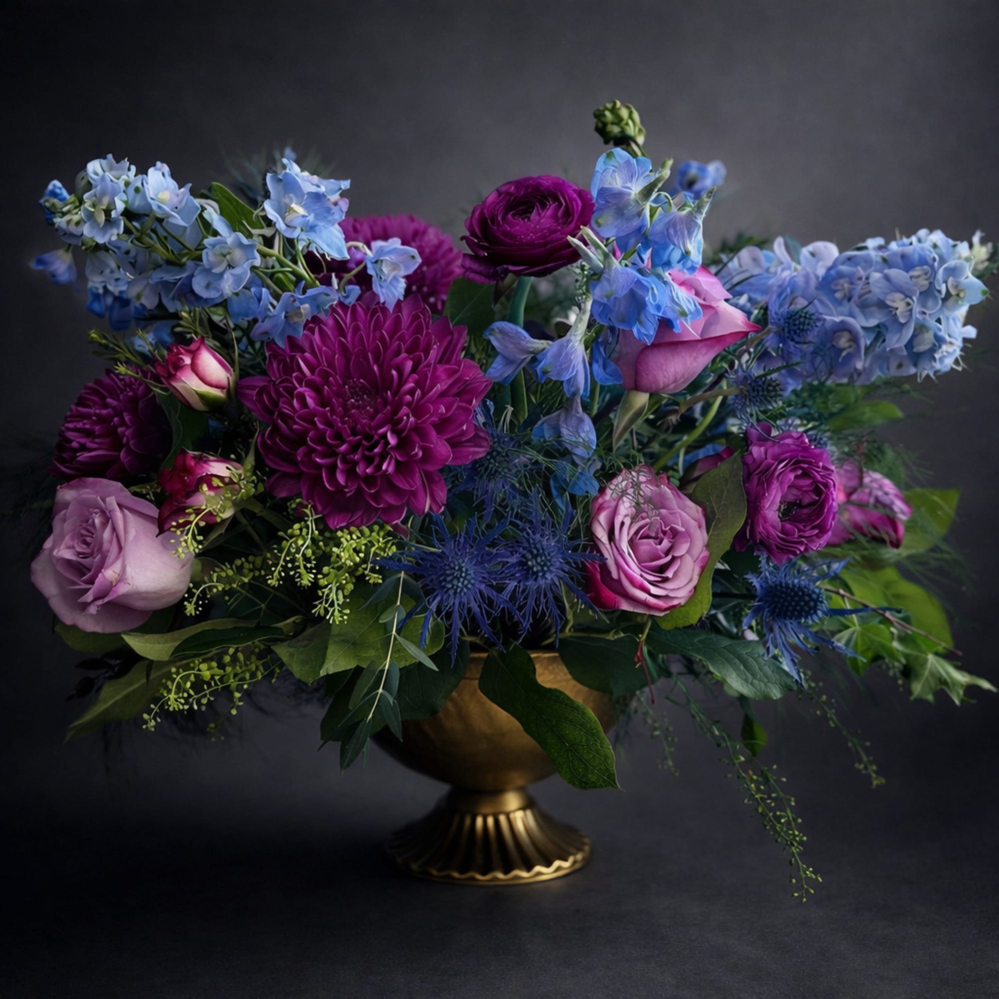 Purple and blue mixed bouquet in a gold pedestal vase