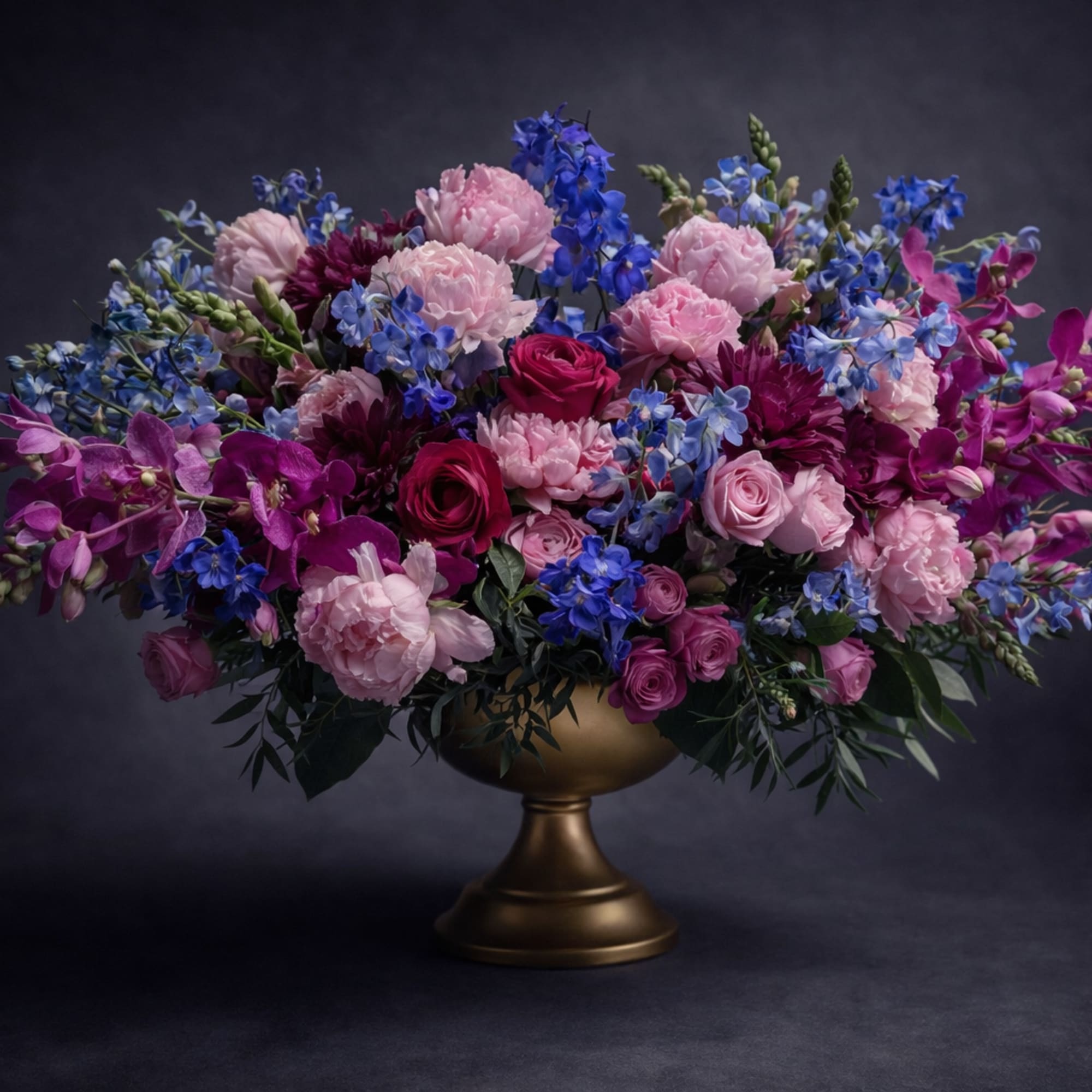 Large mixed bouquet in a gold pedestal vase with pink, purple, and blue flowers