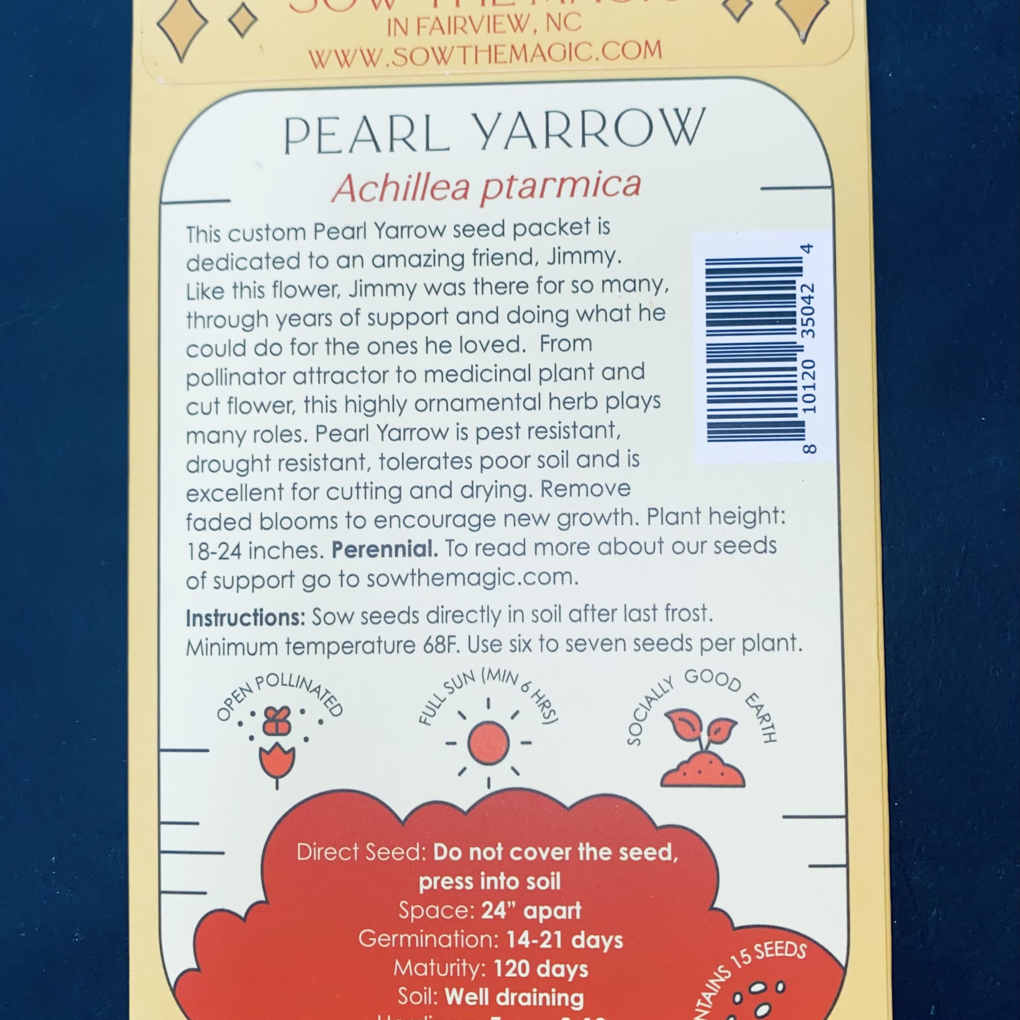 Packet of Pearl Yarrow seeds with printed growing instructions