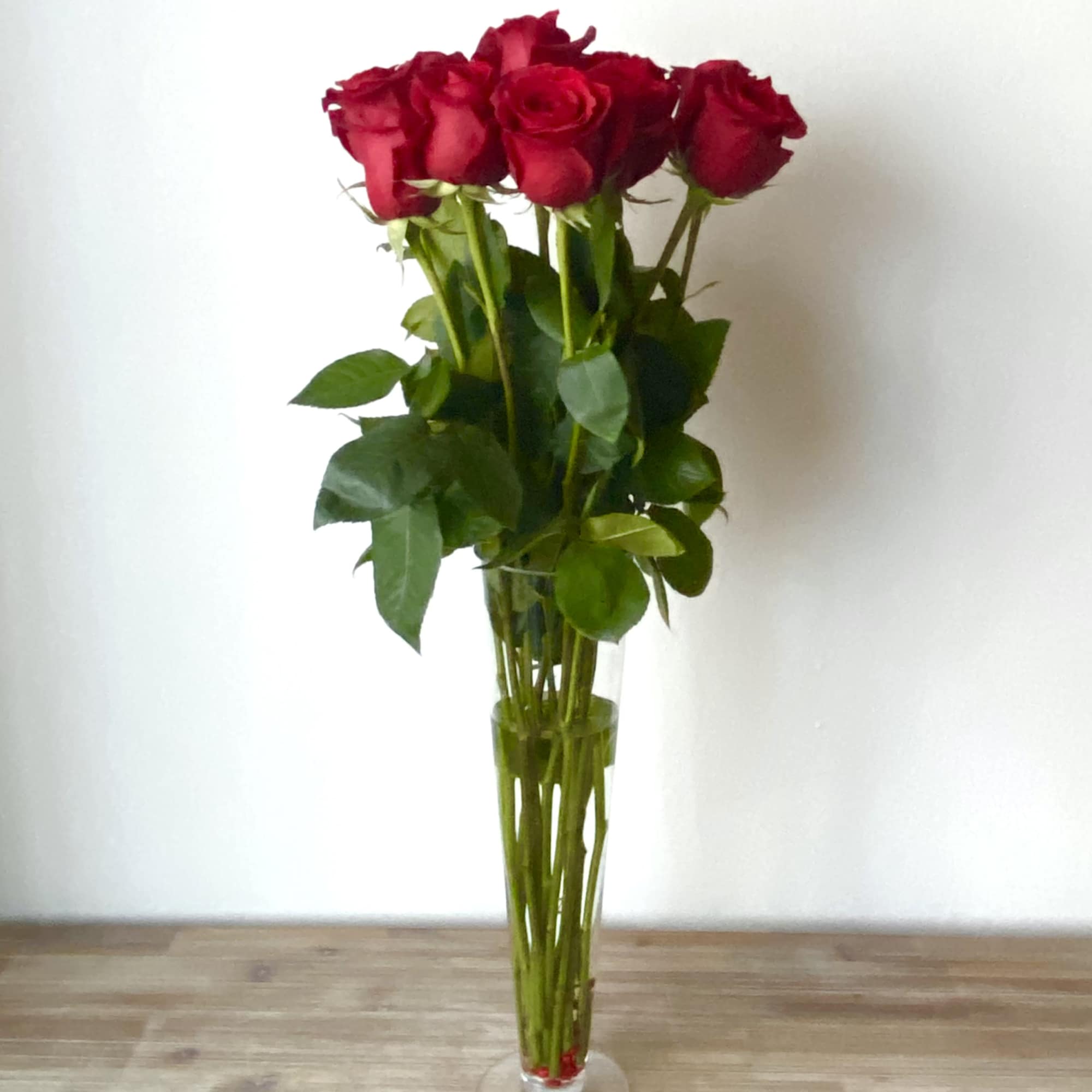 Tall vase of red roses with green foliage