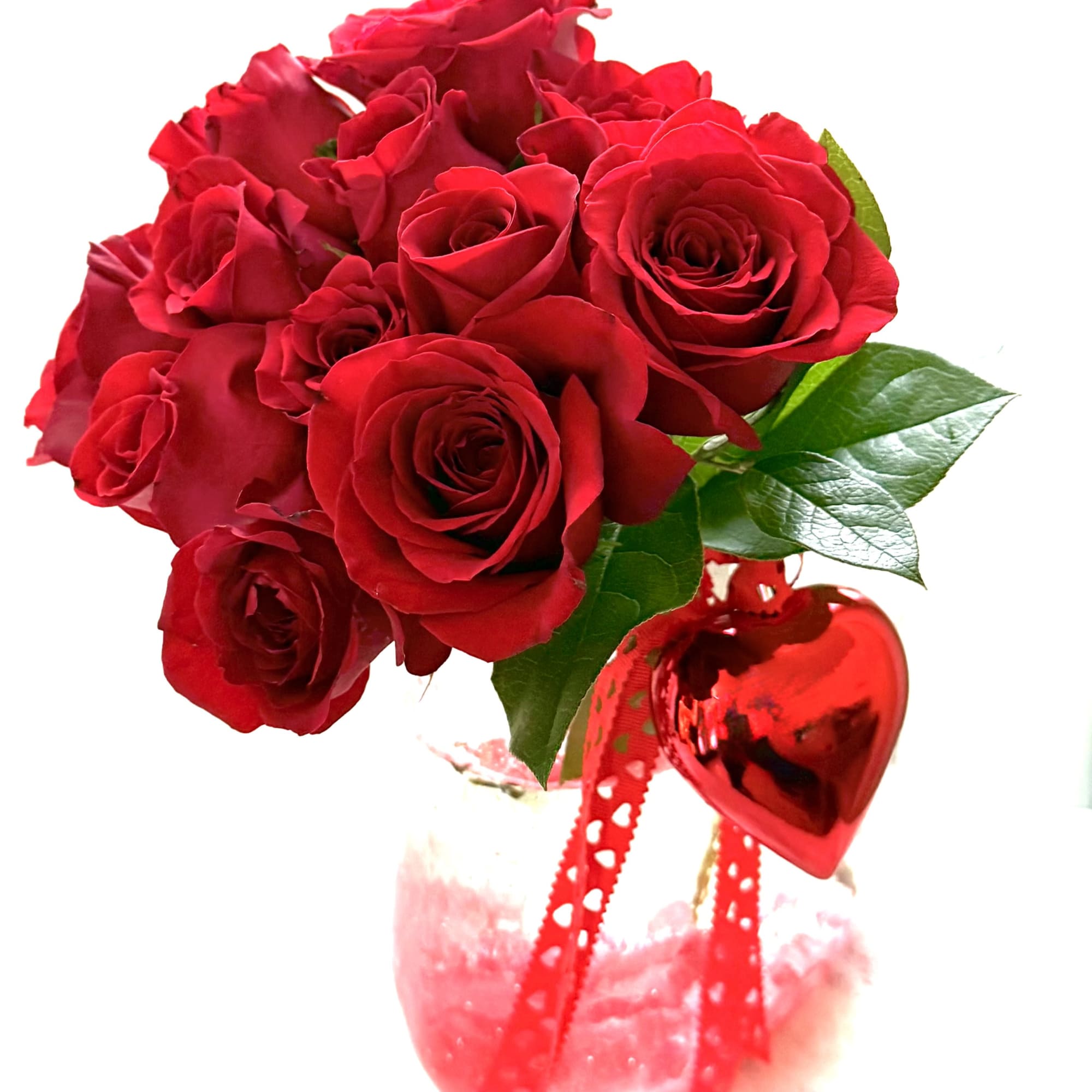 Red rose bouquet with a red heart ornament in a vase