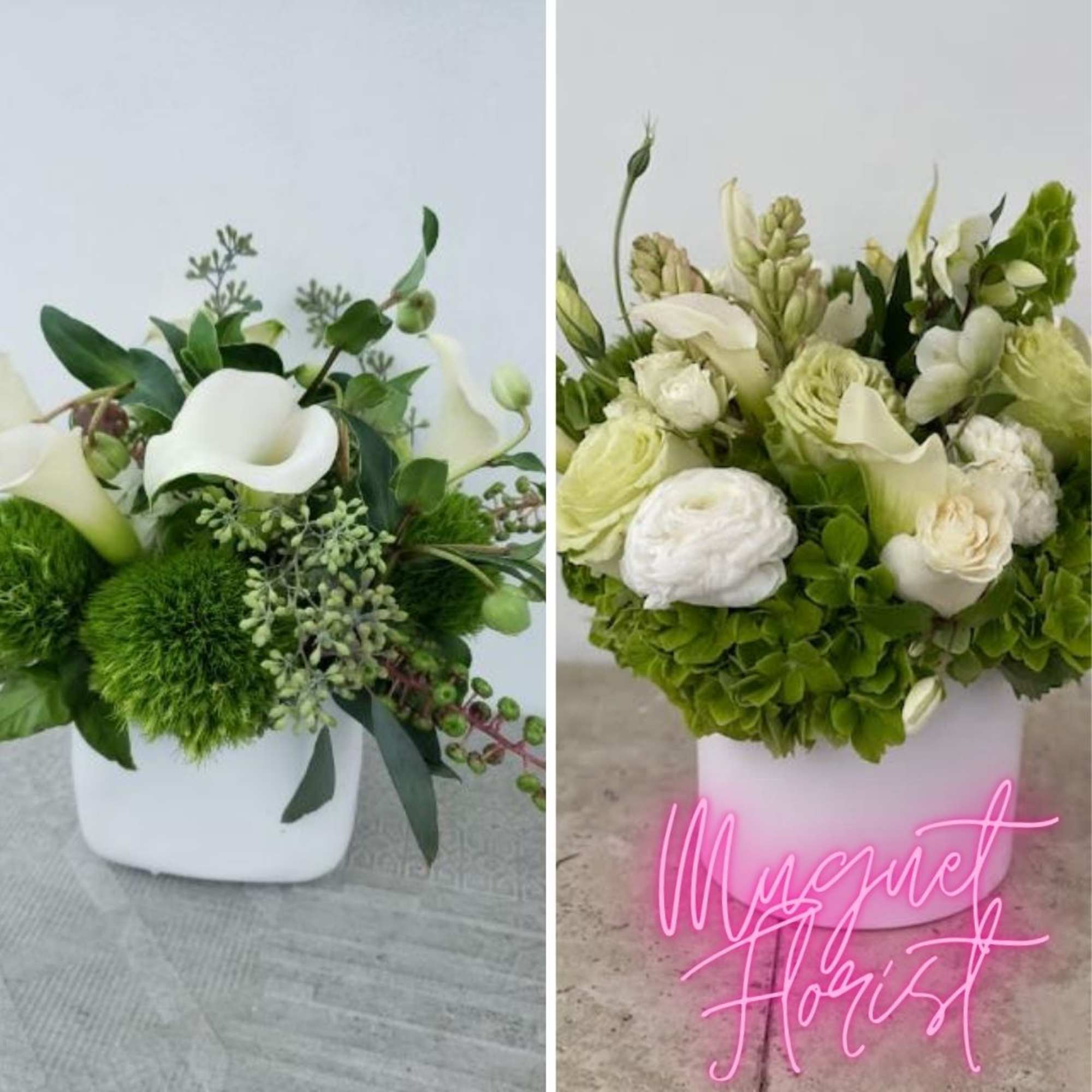 White and green floral arrangements in white containers