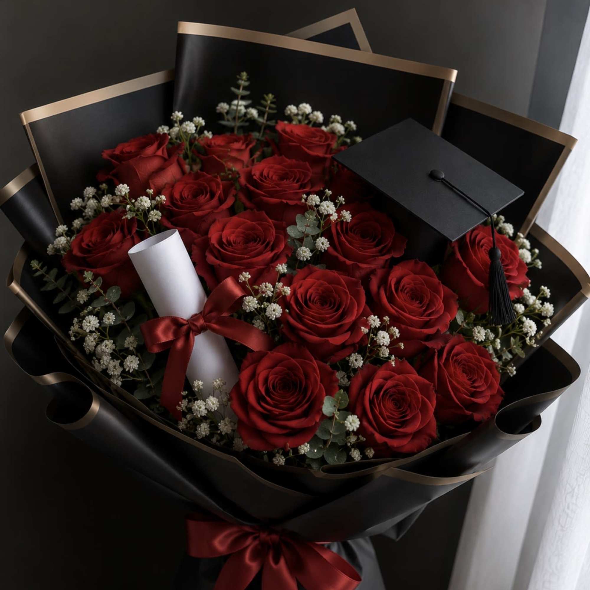 Deep, velvety red roses arranged in a tight, luxurious cluster make this