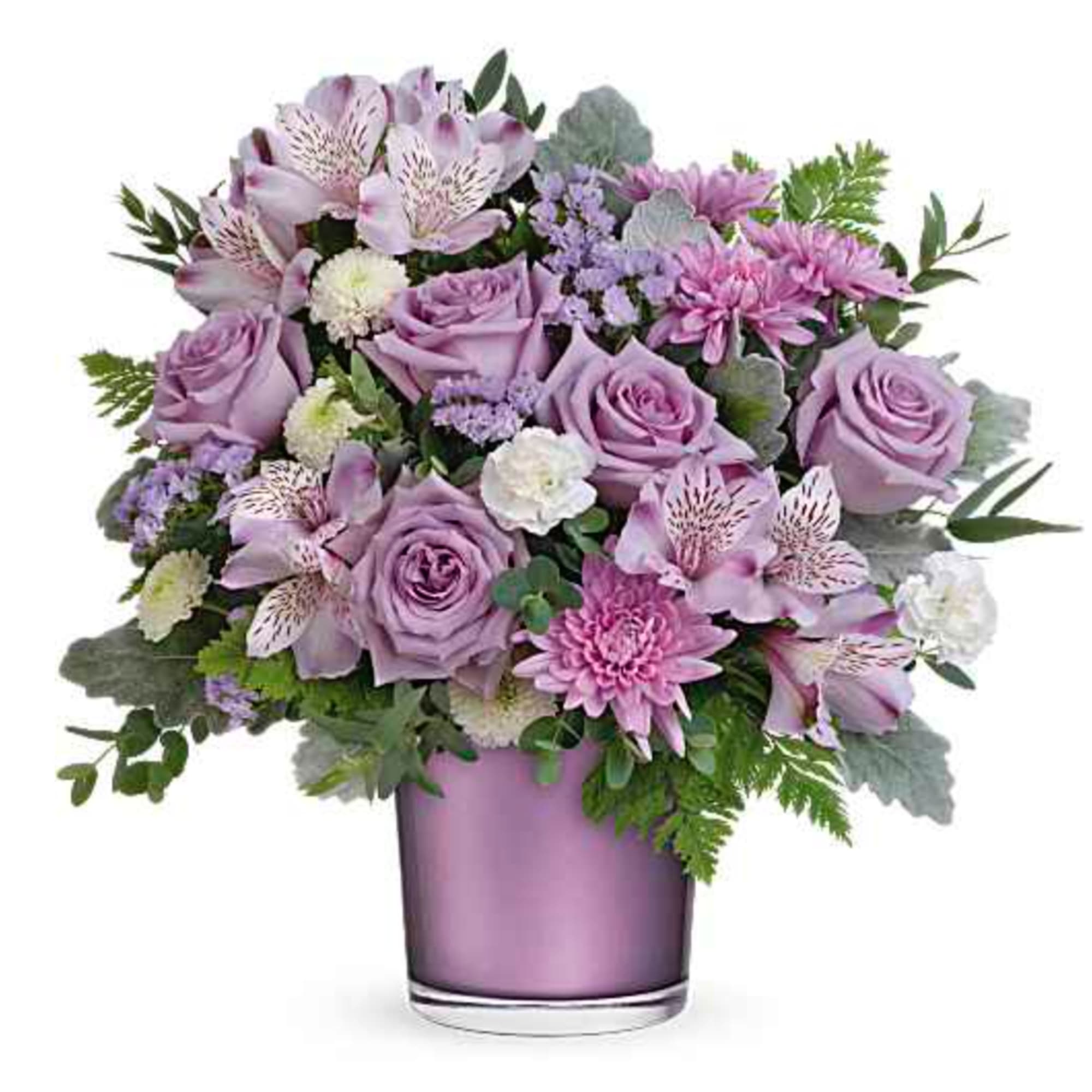 Lavender bouquet of roses, alstroemeria, and mums in a purple vase