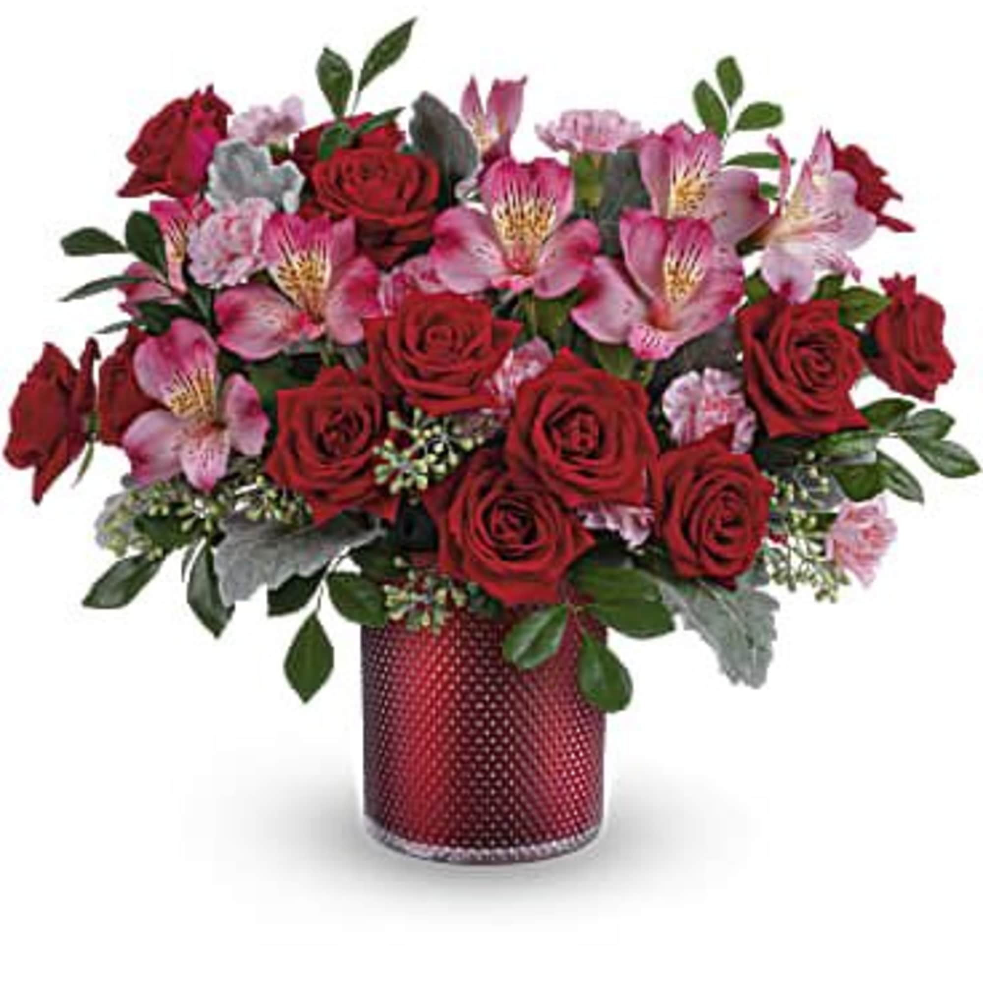 Red roses and pink lilies in a red vase