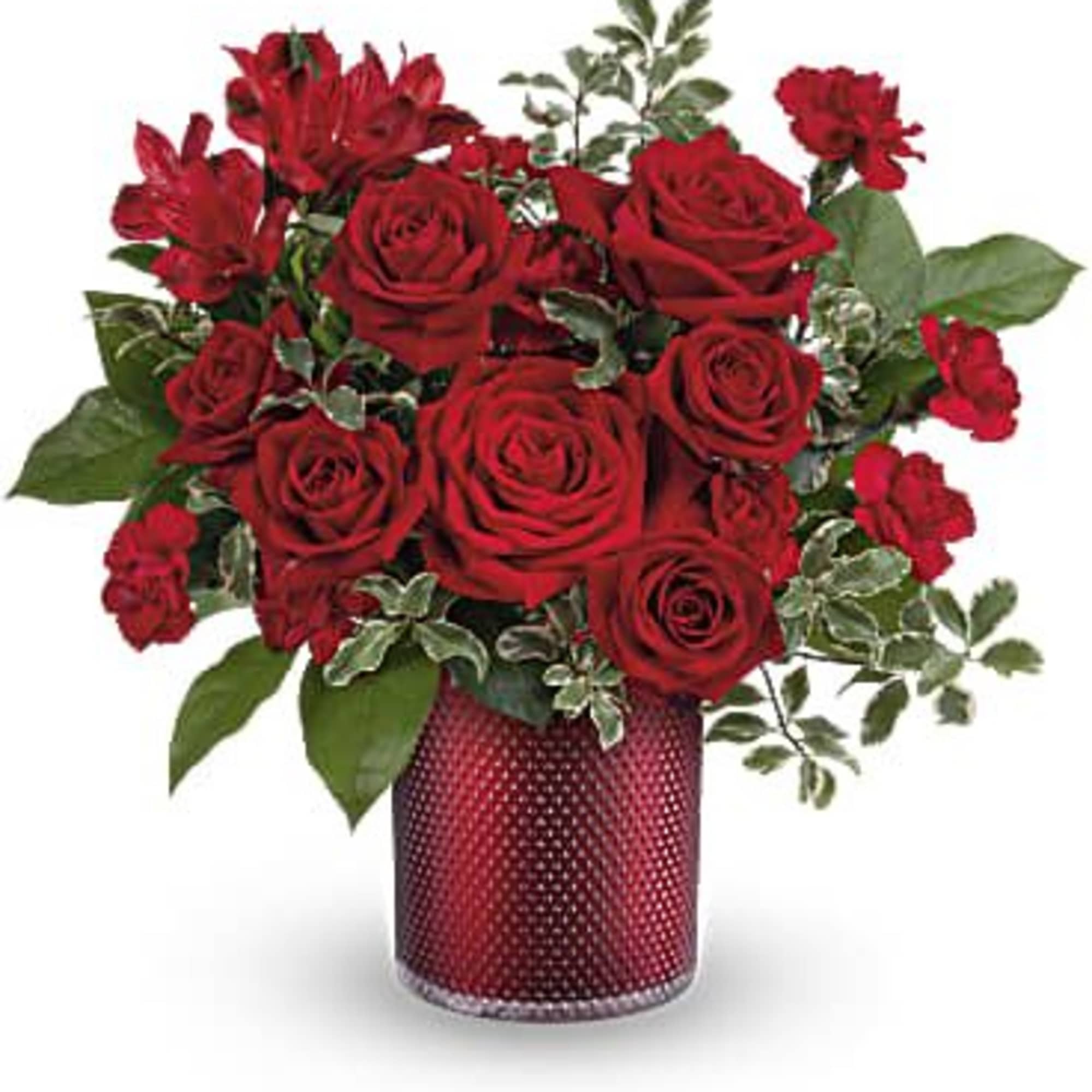 Red roses and carnations arranged in a red vase