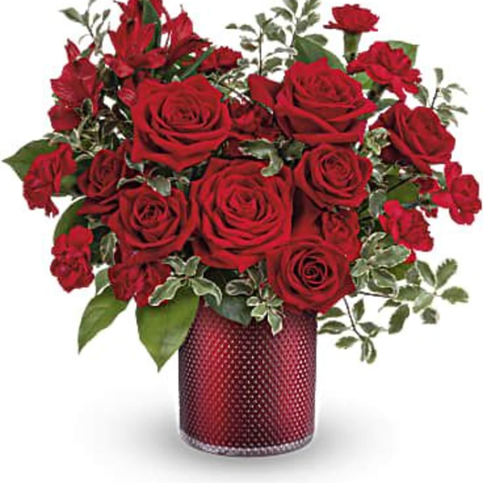 Red roses and carnations in a red textured vase