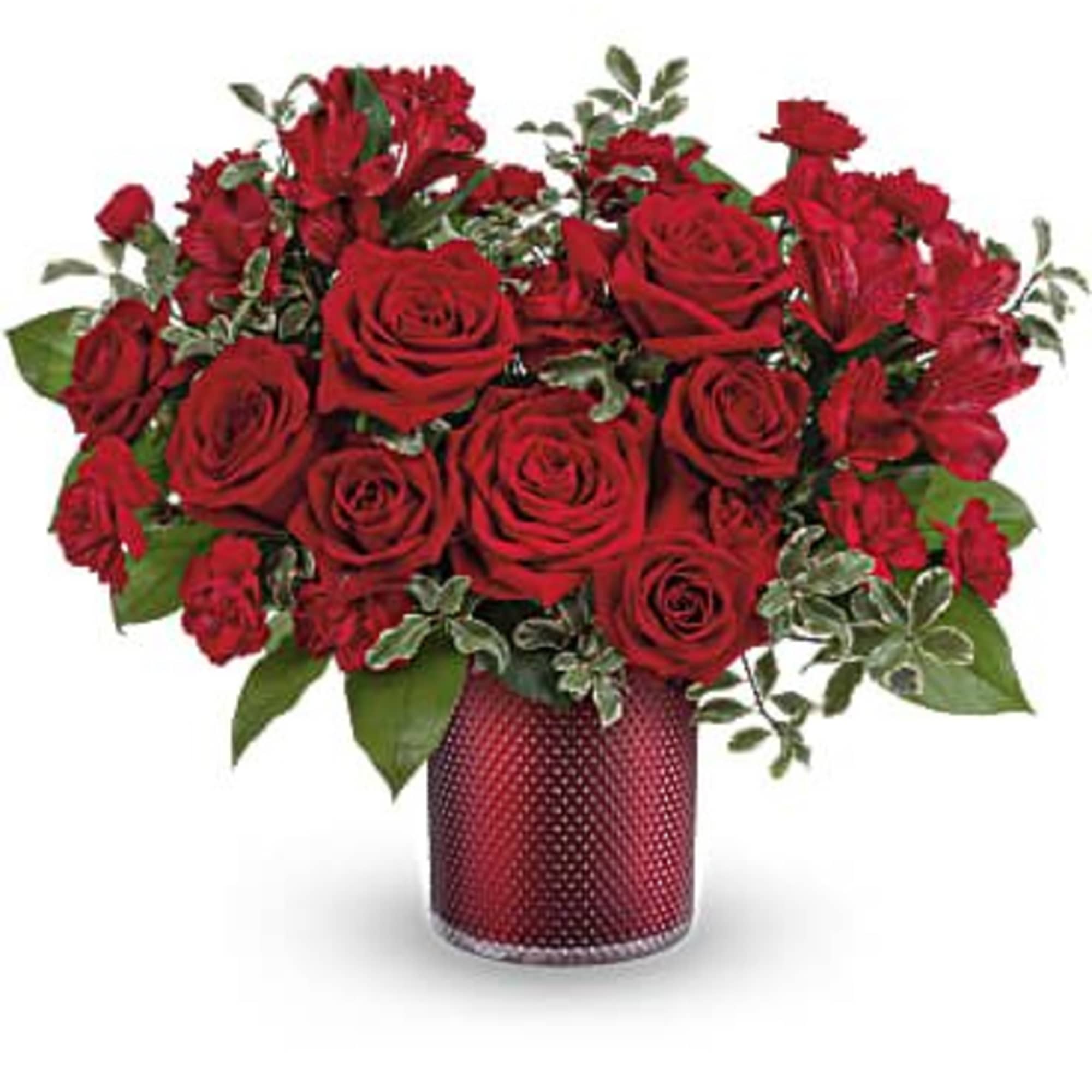 Red rose bouquet in a red textured vase