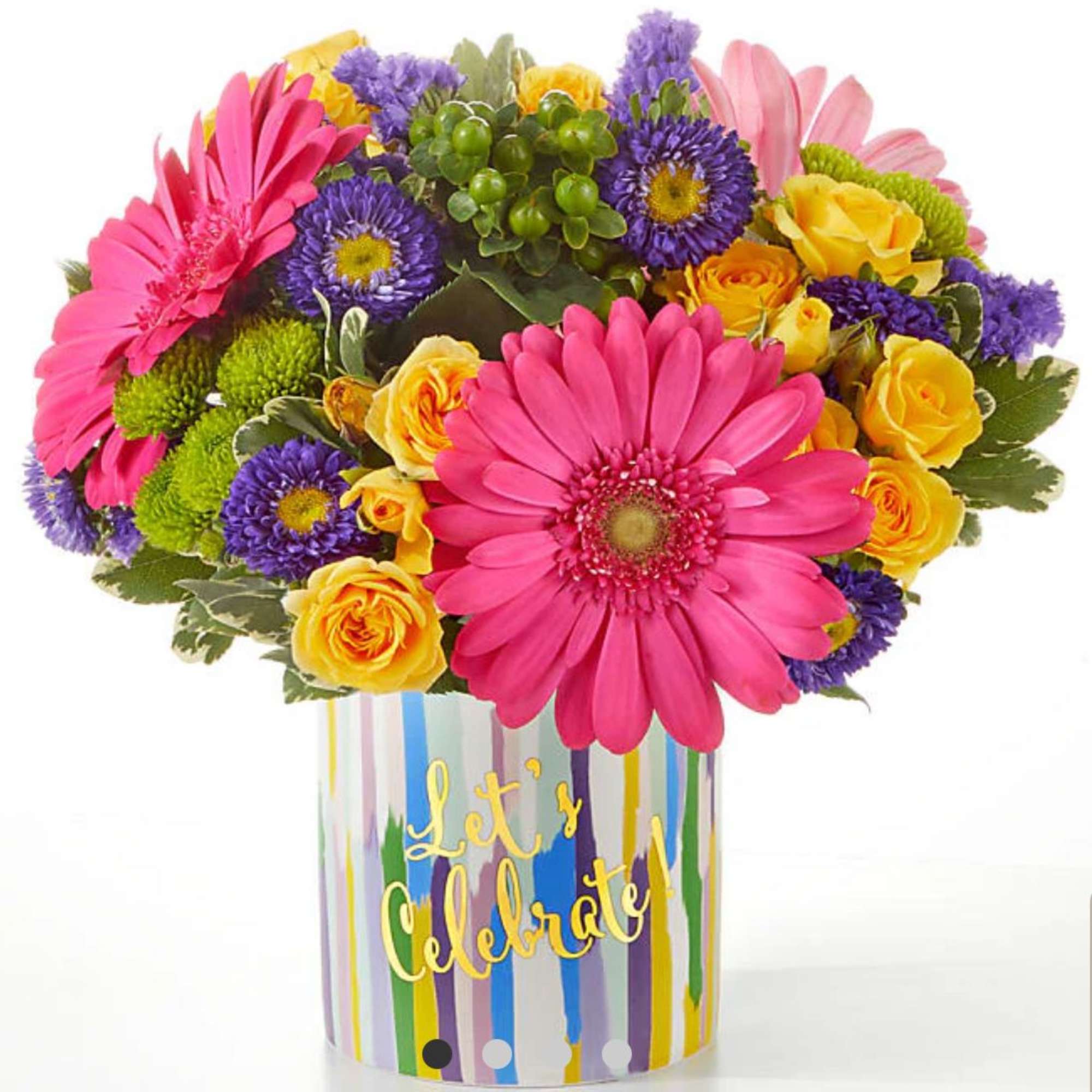 Bright mixed bouquet in a striped vase with "Let's Celebrate" text