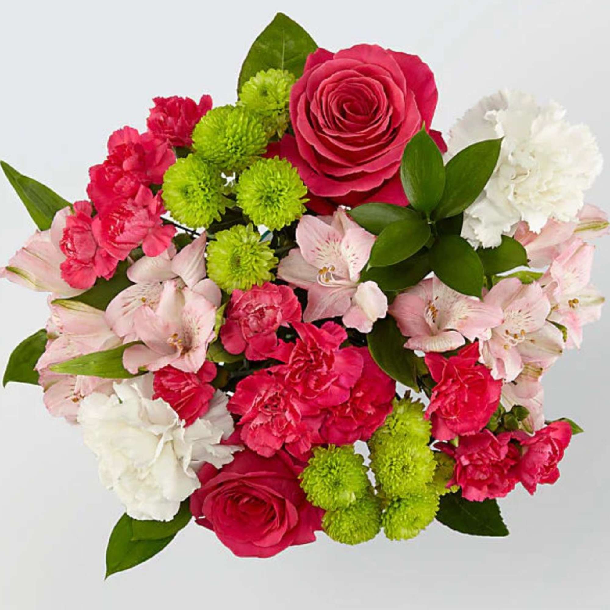 Mixed bouquet of pink roses, carnations, alstroemeria, and green pompons