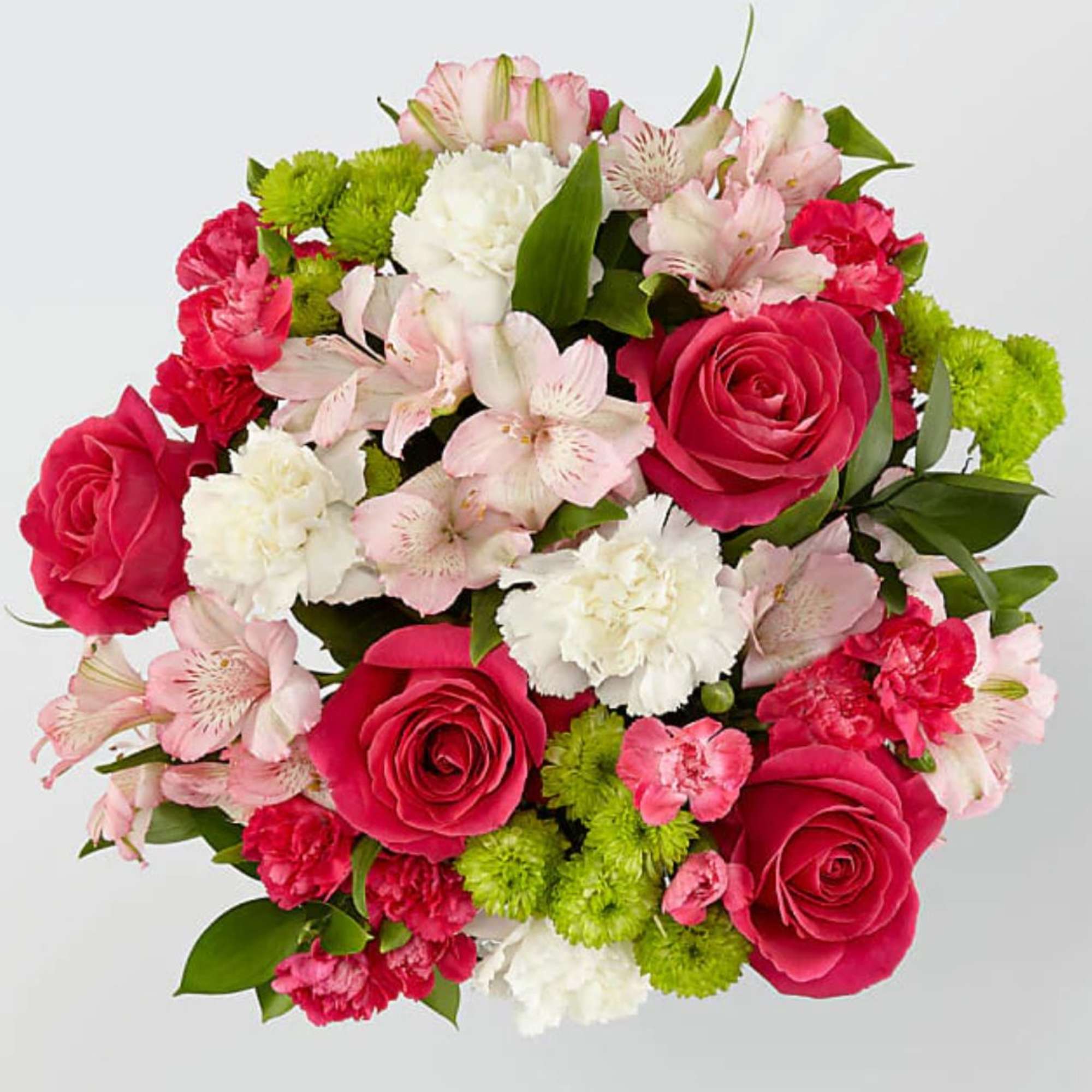 Bouquet of pink roses, white carnations, and pale alstroemeria