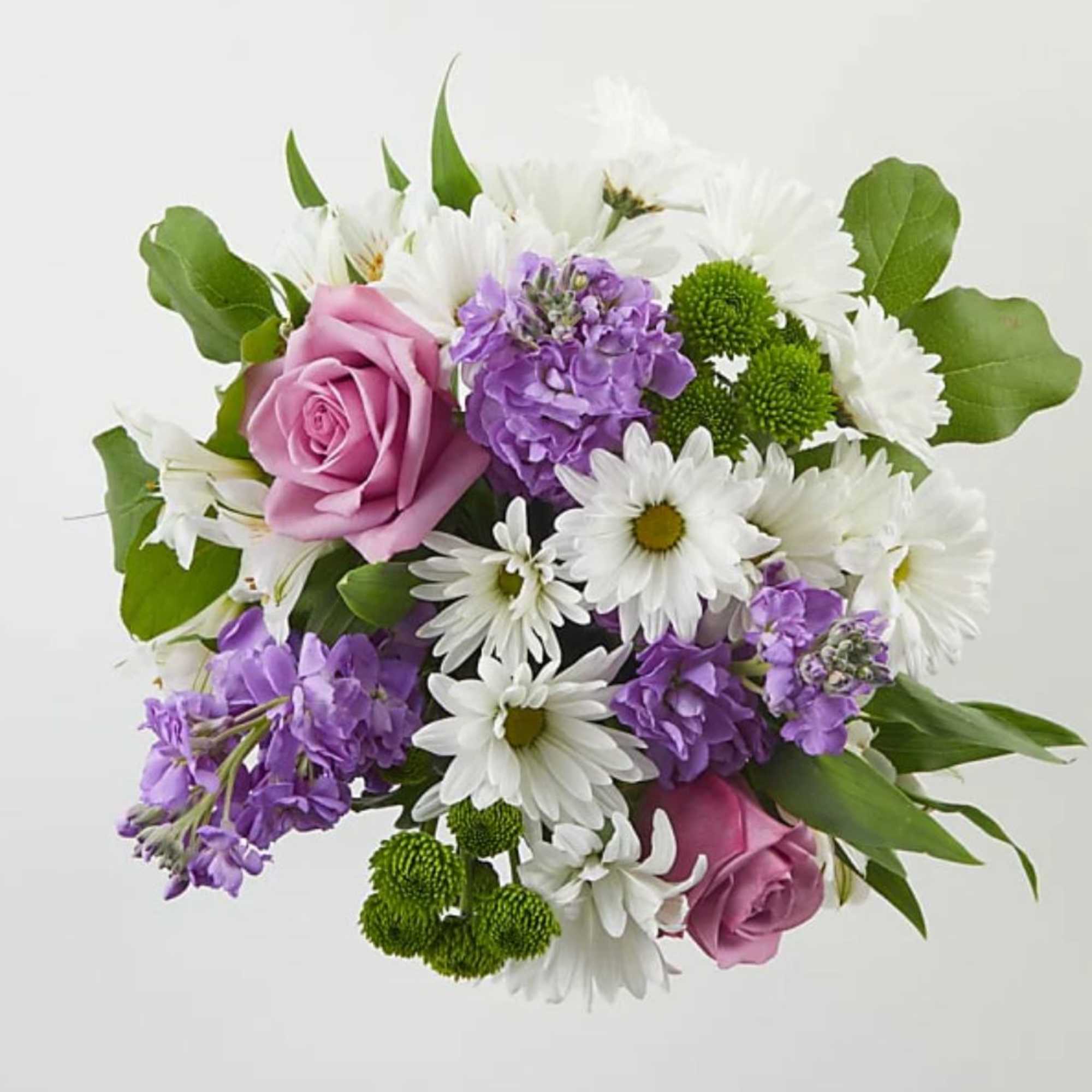 Bouquet of pink roses, white daisies, and purple flowers
