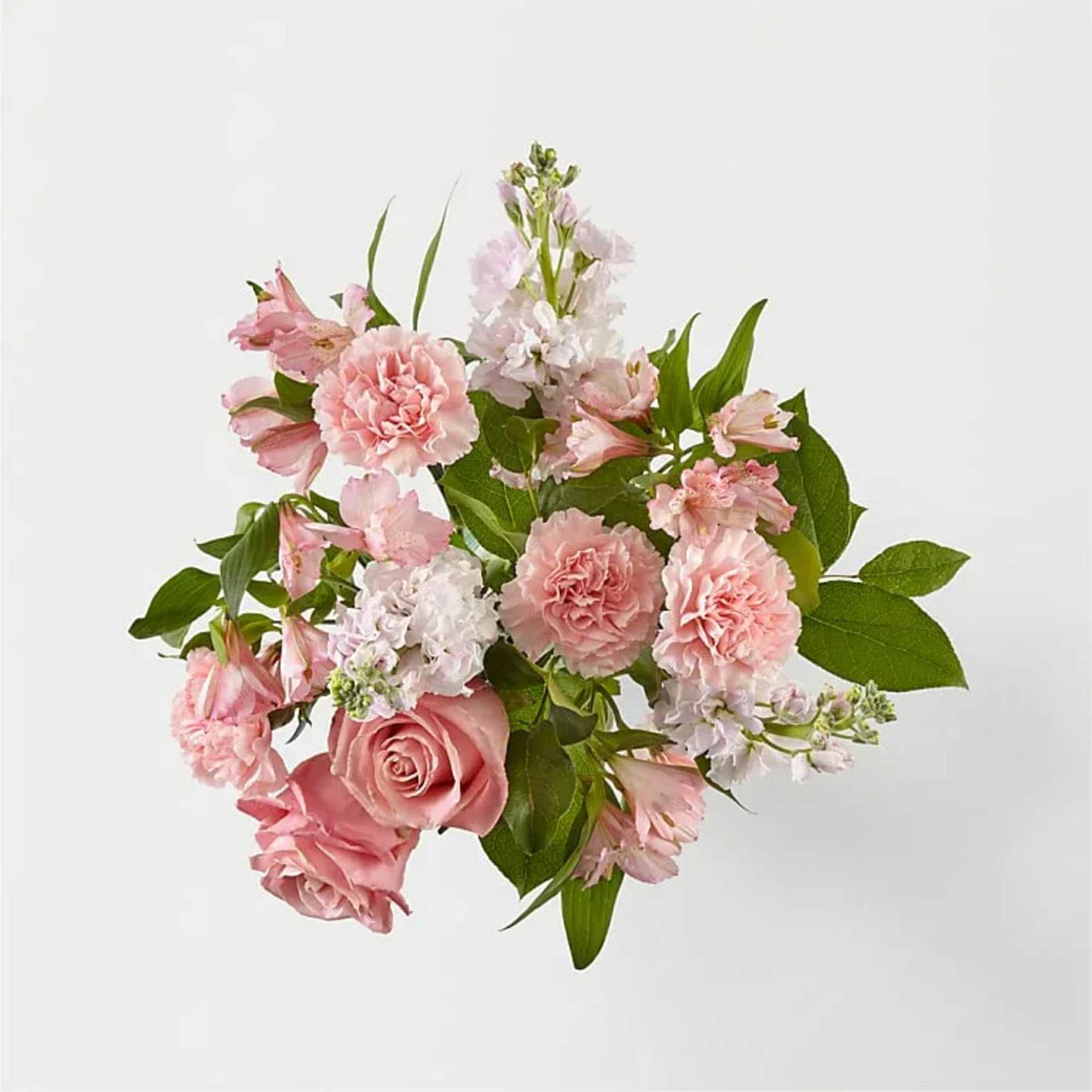 Pink roses and carnations with white blossoms in a loose bouquet